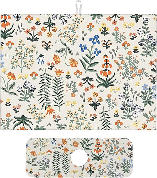 2Pcs Dish Drying Mats Faucet Mats Sets Large Size Coffee Mats Sink Faucet Mat Splash Guard for Kitchen Counter Bathroom Sink Coffee Bar Kitchen Decor (Wildflowers 2, 18"x24" 15" x 5.5"Set)