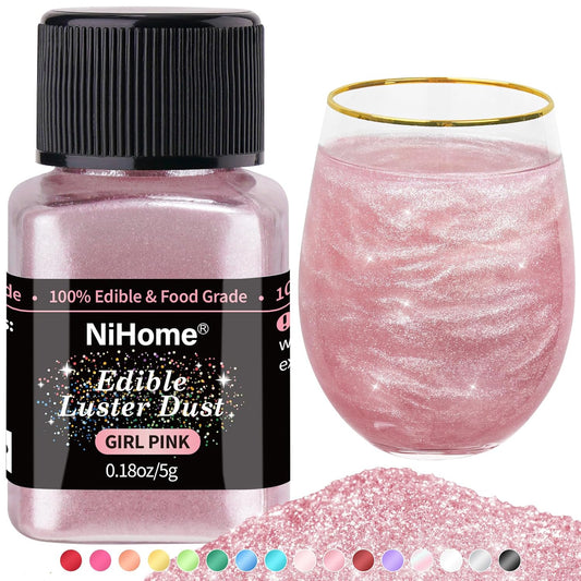 NiHome Edible Food-Grade Glimmer Powder Glitter Luster Dust Metallic Food Decorating Sprinkle Glimmery Dust for Drink Wine Beverage Cake Candy Dessert Bakery Restaurant Vegan (0.18oz/5g, Girl Pink)