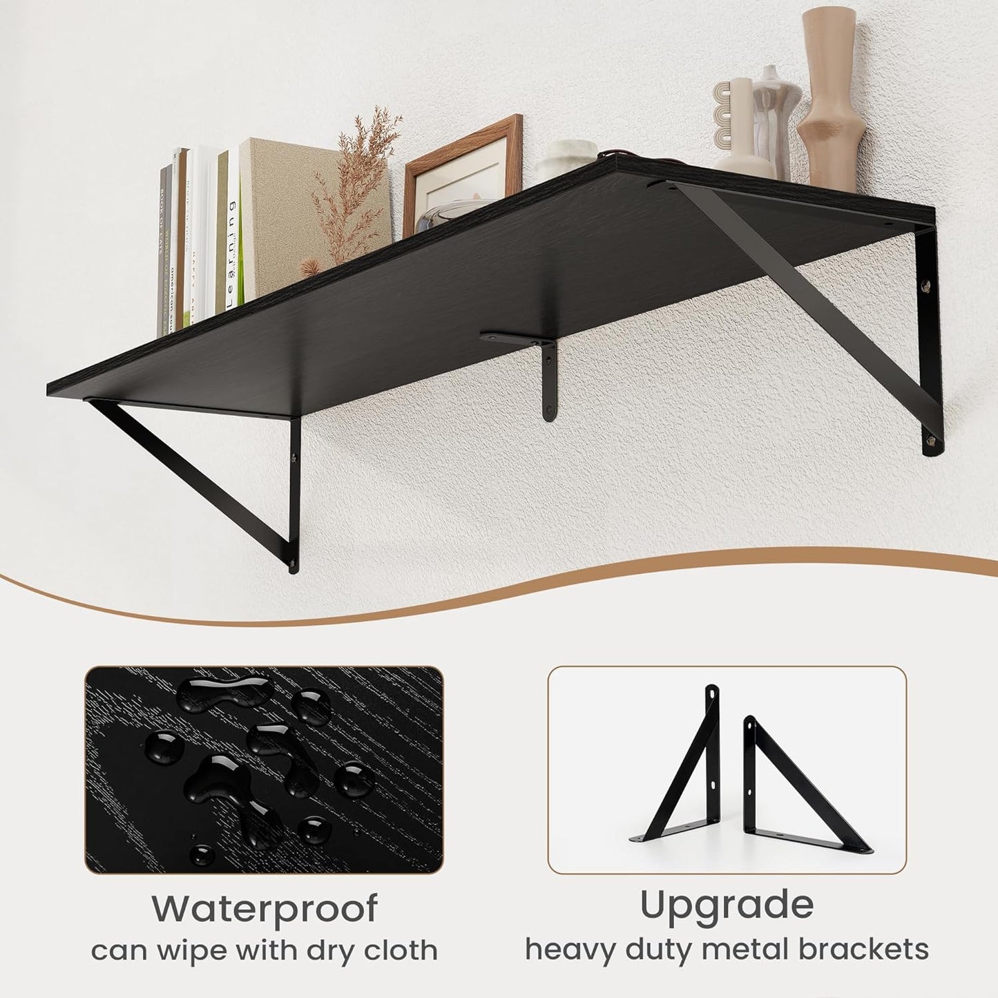 Heimlove Black Deep Floating Shelves for Wall, 36W x 8D Wood Wall Shelves Set of 2, Wide Floating Bookshelf for Living Room, Kitchen, Office, Bedroom and Decor Storage, with Metal Bracket - Black
