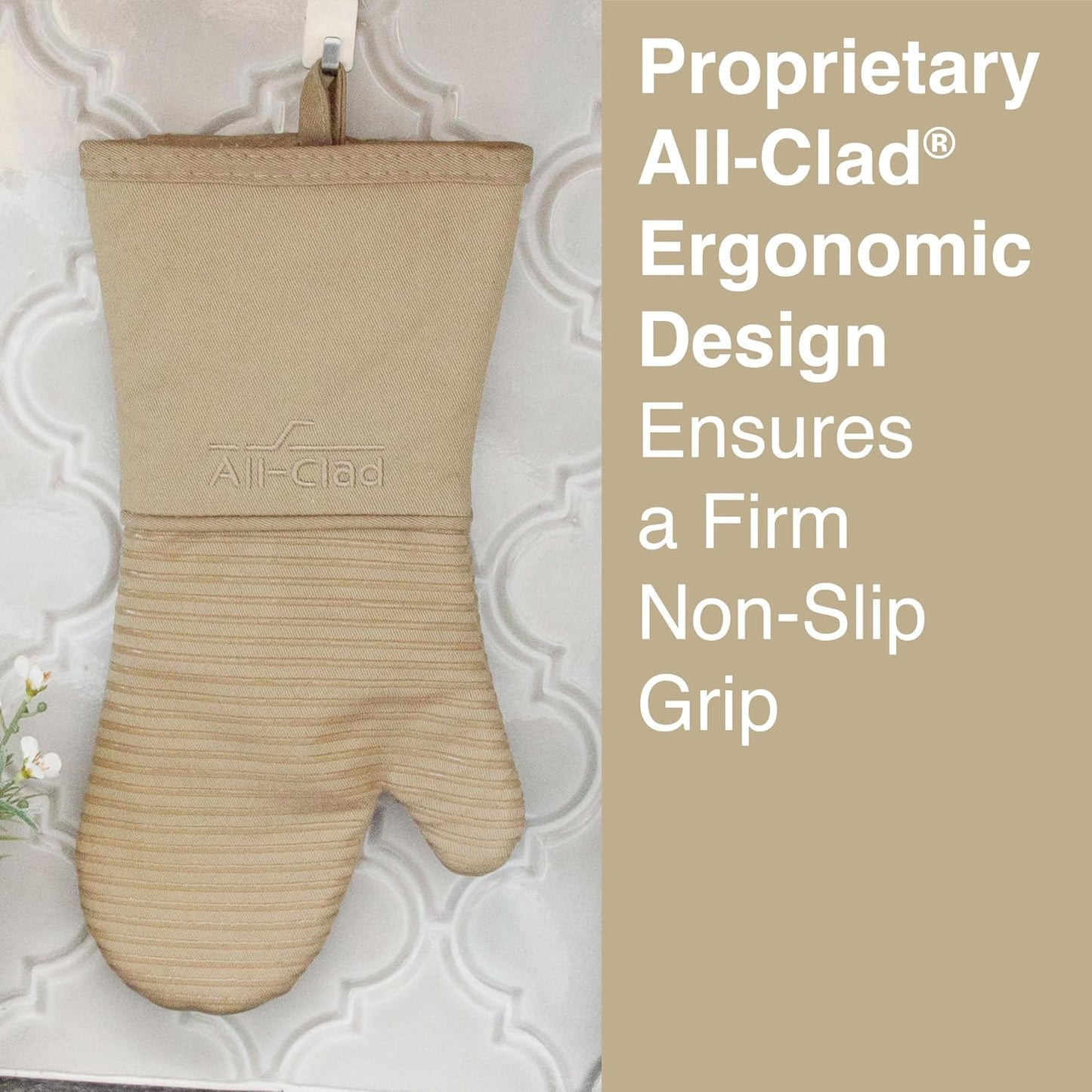 All-Clad Silicone Oven Mitts: Heat Resistant up to 500 Degrees - 100% Cotton & Silicone, 14"x7" Oven Mitt for Kitchen and Barbeque, 2-Pack, Cappuccino