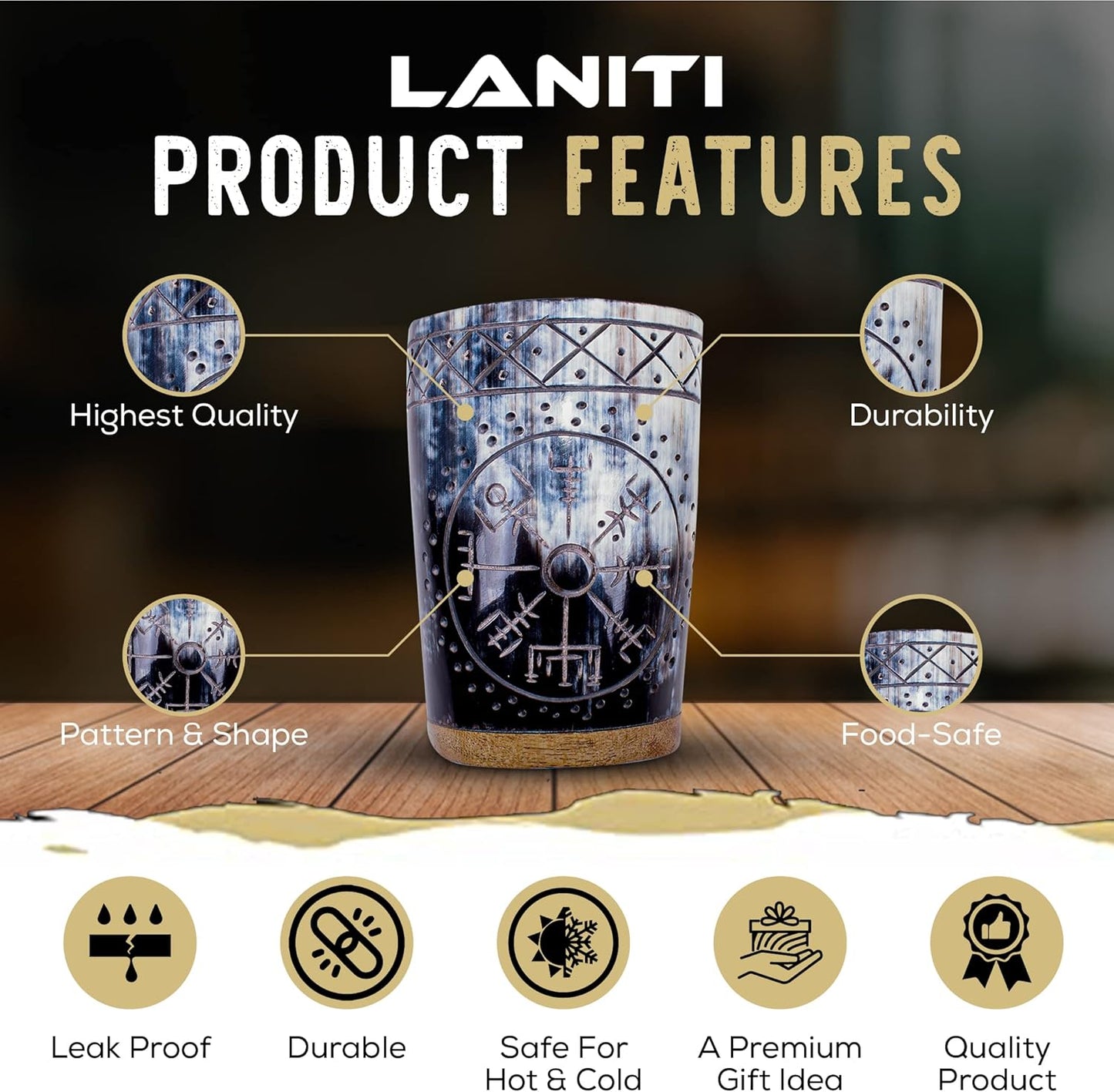 Ox Horn Shot Glass Set of 4 – Handcrafted Viking Cups with Unique Engraved Design – Cool Norse Horn Shot Glasses for Ancient Age Whiskey, Mead & Spirits – Rustic Gift for Men, Barware Collection