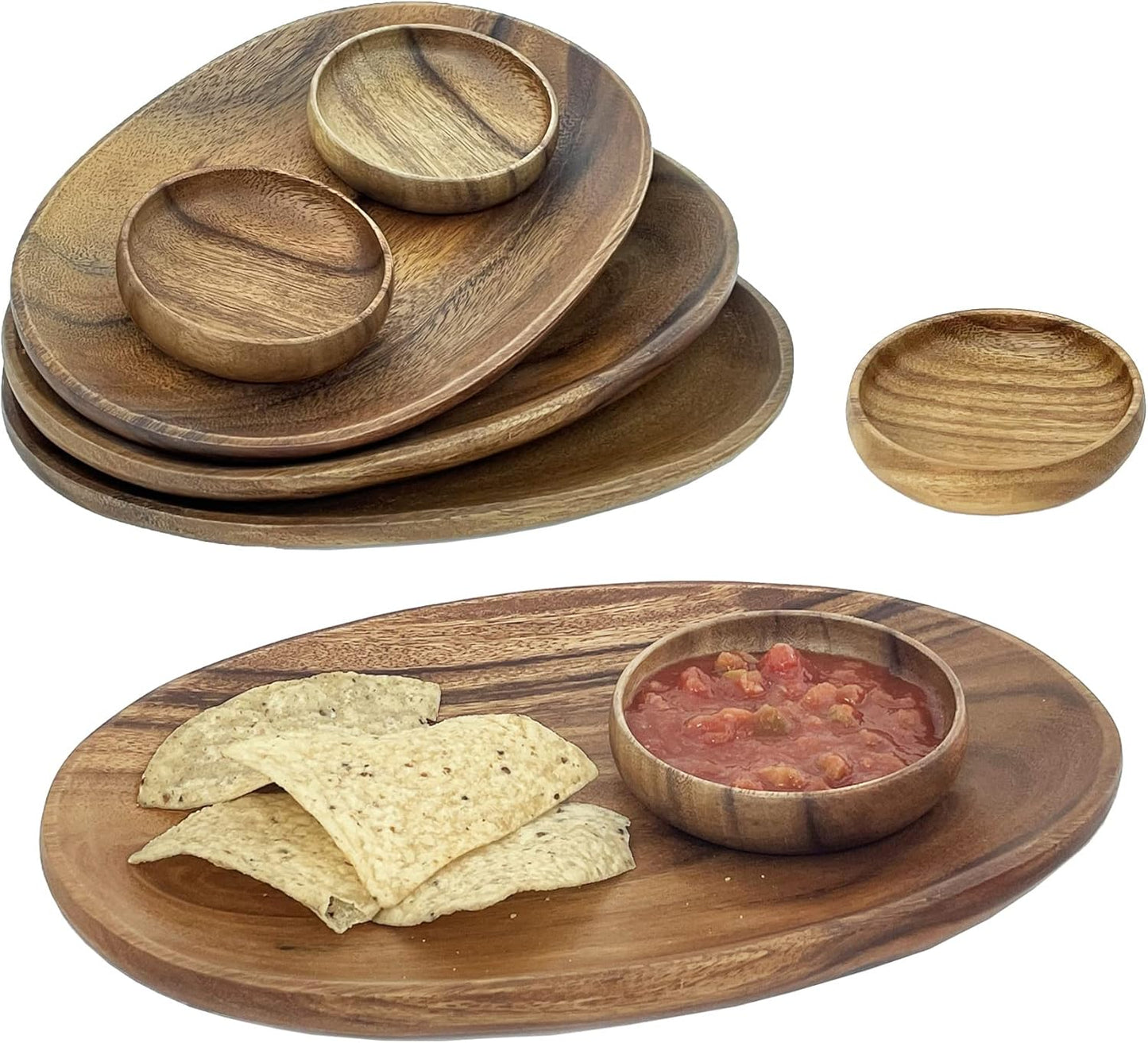 Woodard & Charles 12" Wood Oval Serving Tray with 4" Multipurpose Bowl Perfect for Serving, Sandwiches, Sushi, Chips, Tapas, Hors D'Oeuvre, Charcuterie, Cheese and More, 8 Piece Set