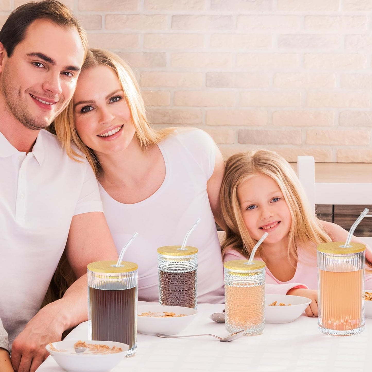 14 oz Drinking Glasses Set of 4 with Bamboo Lids Straws Striped Ribbed Glassware Set Vintage Glass Cups Embossed Iced Coffee Cup for Beer Cocktail Beverage(Ribbed)