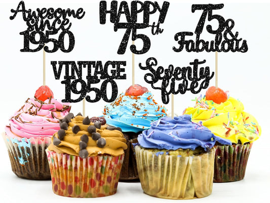 Gyufise 30 Pack black Glitter 75th Birthday Cupcake Toppers Vintage 1950 Cake Toppers Hello 75 Cake Topper Sixty Five 75 & Fabulous Cupcake Picks 75th Birthday Cake Decorations Supplies