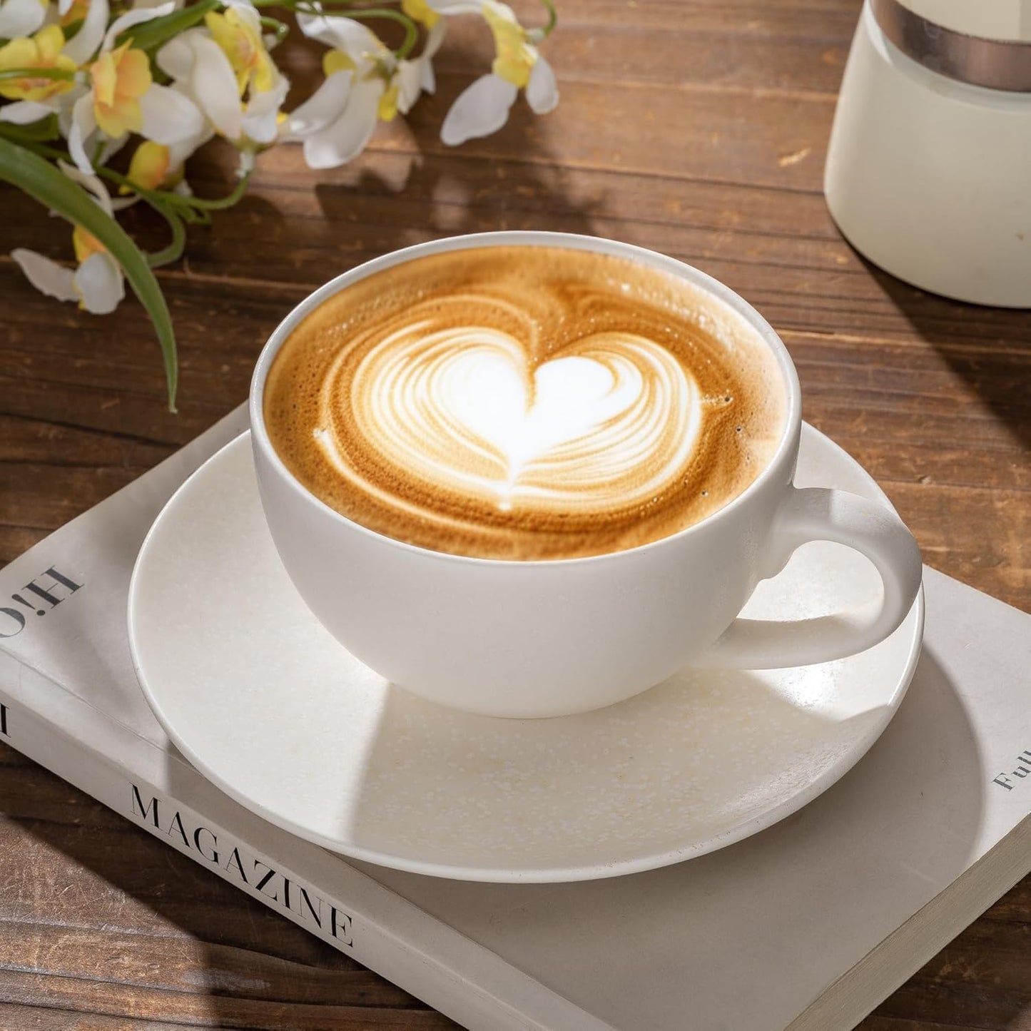 Ceramic Latte Art Mug With Saucer - 10 oz, Round Bottom For Perfect Pours - Cafe Cups for Cappuccino, Espresso, Coffee, Tea - Handmade Porcelain Set for Baristas, Great Gift - Apricot