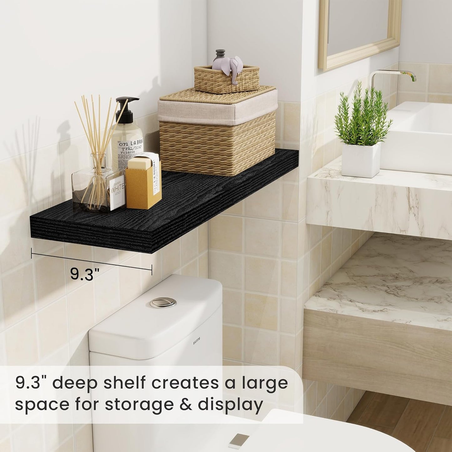 Fun Memories Floating Shelves for Wall, 30 Inch Rustic Wood Wall Mounted Shelves for Bathroom, Bedroom, Kitchen, Living Room, Deep Floating Shelves for Storage & Home Decor (Black, Set of 2)