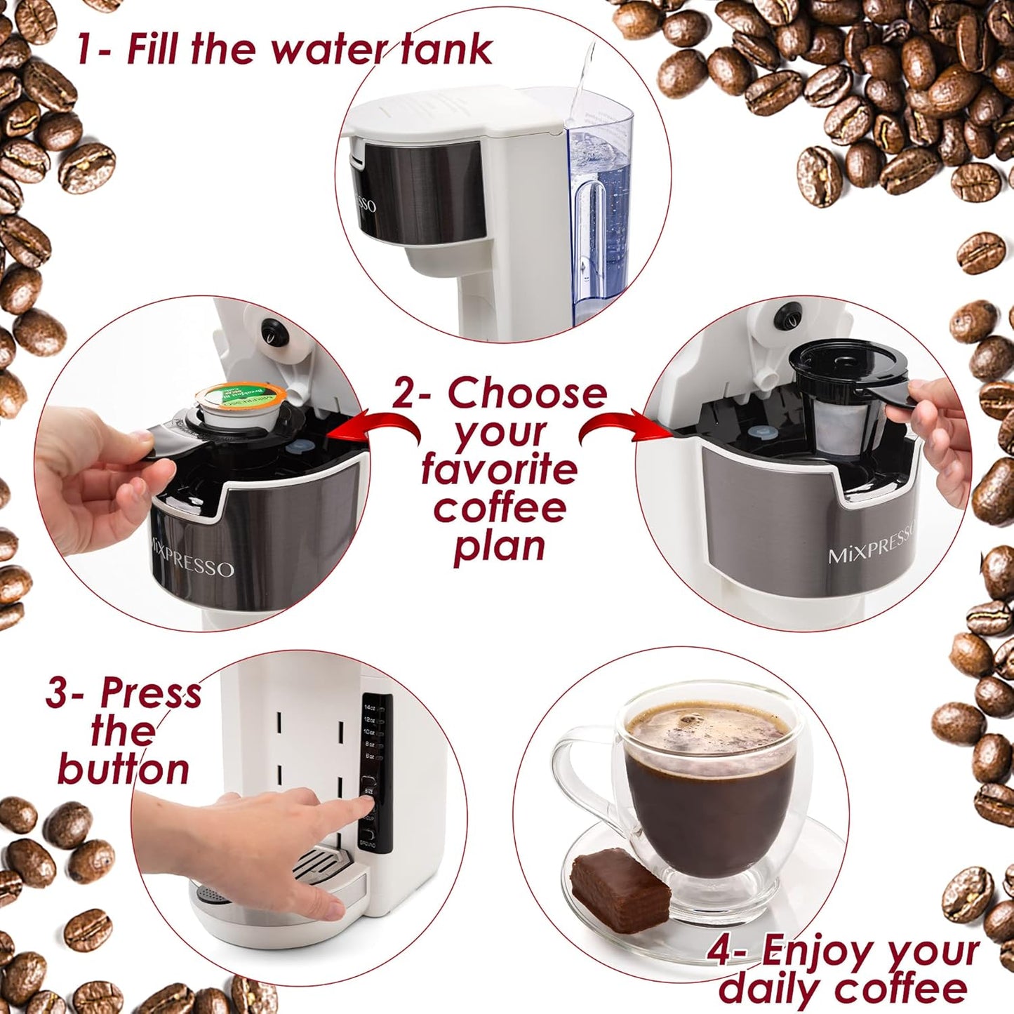 Mixpresso White Single Serve Coffee Brewer K-Cup Pods Compatible & Ground, 30 oz Compact Coffee Maker Single Serve With 5 Brew Sizes Up To 14 Oz, Fits Travel Mug, Adjustable Drip Tray