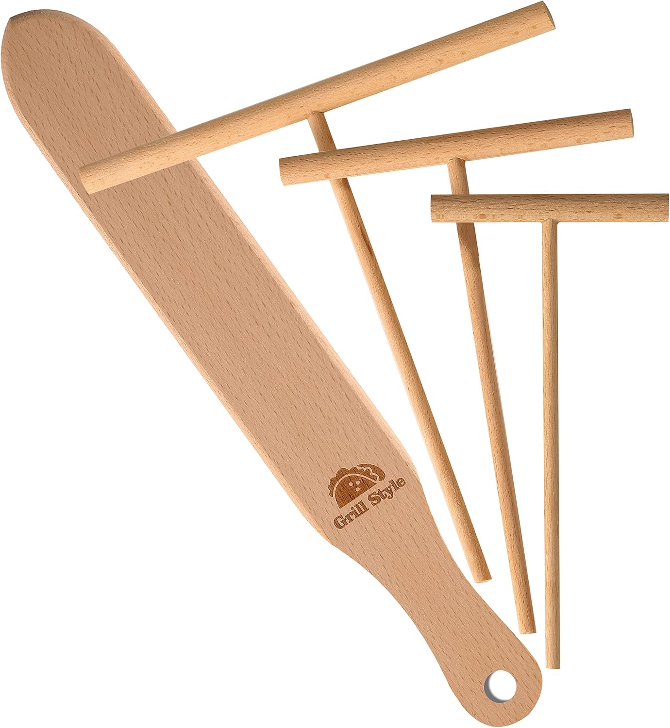 Crepe Spreader and Spatula Kit, 3.5 Inch, 5 Inch, 7 Inch T-Shaped Batter Spreaders & 13.4 Inch Spatula Turner, Pancake Tool, Natural Wood Material Crepes Sticks Fit Any Crepe Pan Maker, Pack of 4
