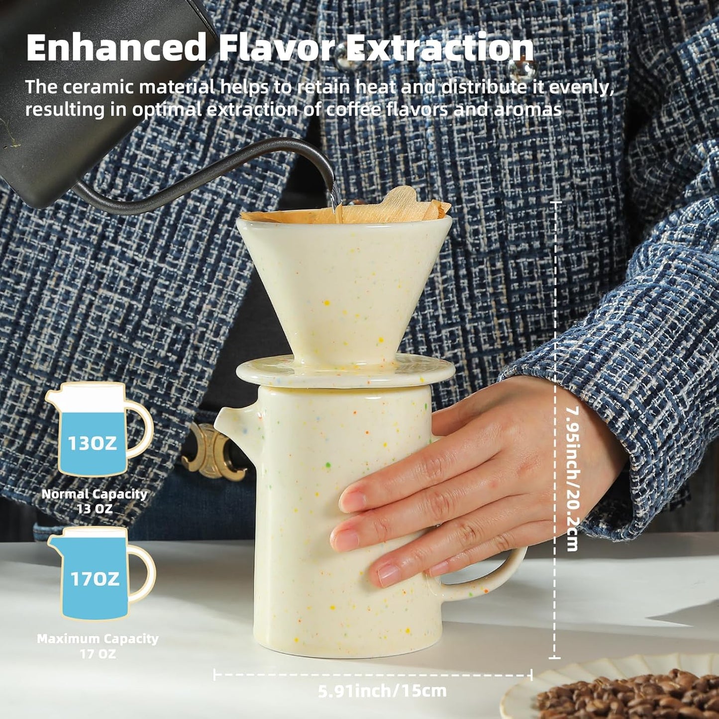 Pour Over Coffee Maker Set,Ceramic Pour Over V60 Coffee Dripper Set with 20 Count Paper Coffee Filters,for Home Café Restaurant Camping,15.8 Ounces(Multi-Color Dot)