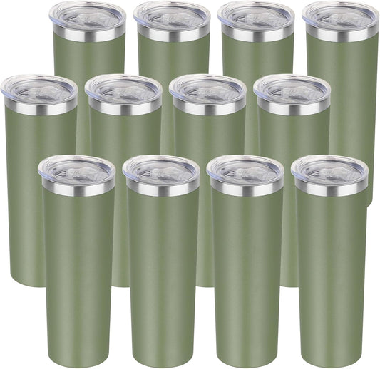 HASLE OUTFITTERS 20oz Skinny Tumbler with Lid, Stainless Steel Insulated Slim Tumblers Bulk Set, Double Wall Travel Coffee Mugs, Reusable Durable Powder Coated Travel Water Cups(Army Green, 12 Pack)