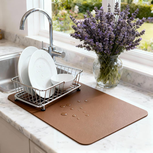 Dish Drying Mat Super Absorbent – 16" x 18" Coffee Mat for Countertops – Non-Slip Drying Mat for Kitchen Counter – Easy to Clean Water Absorbent Mat – Large Dish Drying Mats (Brown)