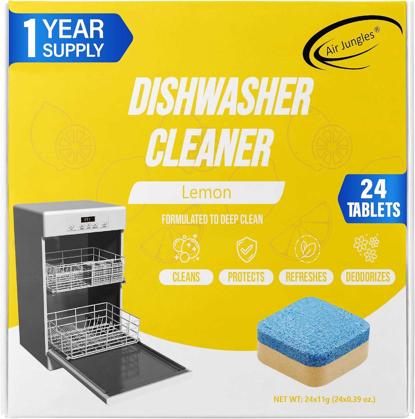 Air Jungles Dishwasher Cleaner Tablets 24 Count, Lemon Scent, Deep Cleaning Descaler, Formulated To Clean Dishwasher Machine, Remove Odor, Hard Water, Calcium, Bad Smell, 12 Month Supply
