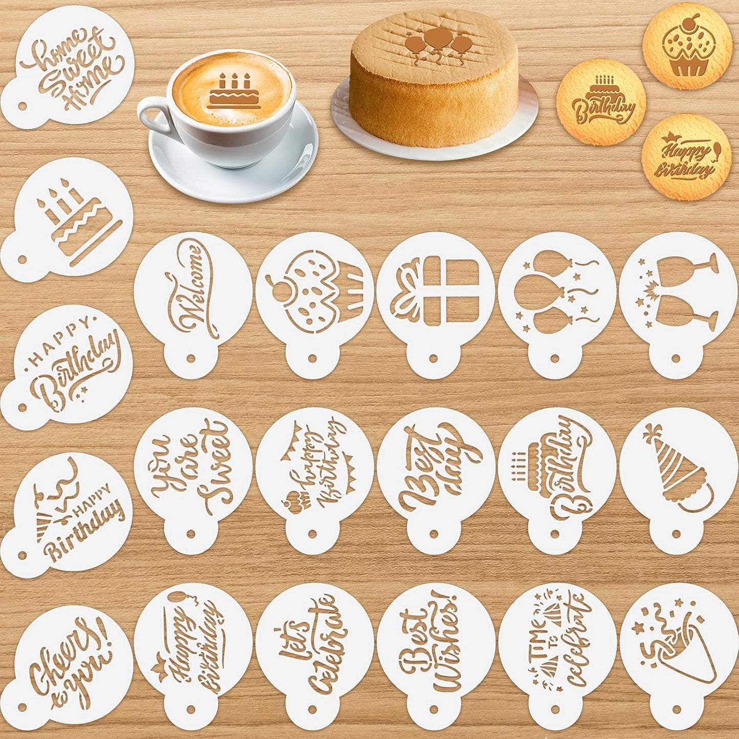 20 Pieces Birthday Cookie Stencil Templates Decoration Cookie Stencil for Birthday Coffee Cake Templates Reusable Painting Mold Tools, Dessert, Coffee Decorating Mold(Cake Style)