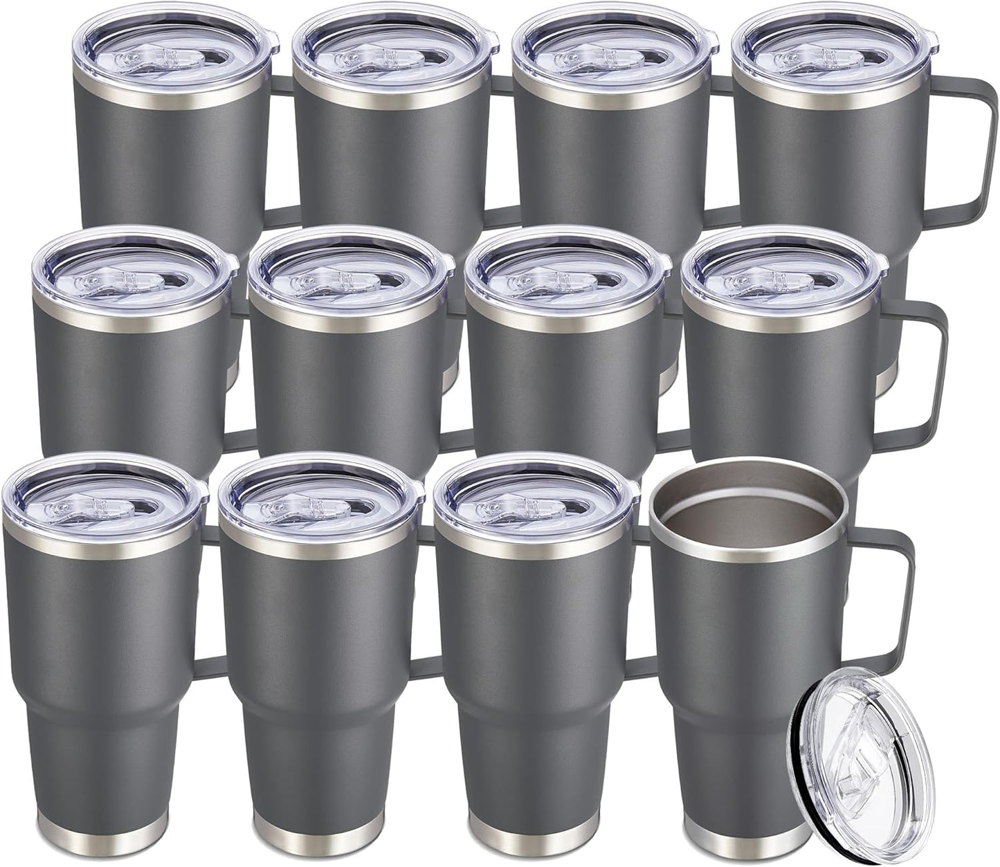 30 oz Tumbler with Handle and Lid, Stainless Steel Tumblers Bulk Double Wall Vacuum Insulated Travel Mug Leak Proof Cup Keep Drinks Cold and Hot Grey, 12 Pack