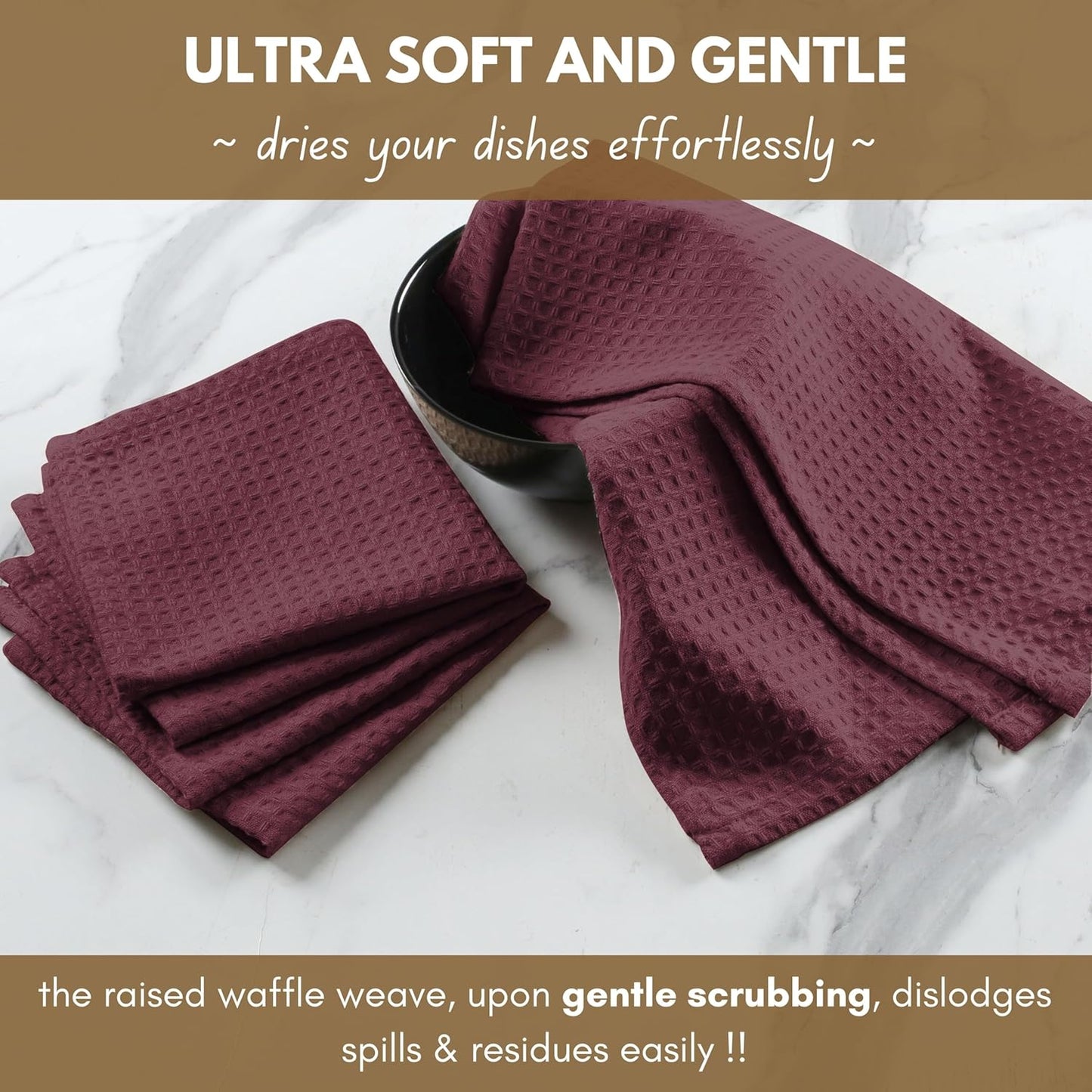 Native Fab 6 Pack Cotton Waffle Dish Cloths - 12x12 inch, Soft, Absorbent & Quick Drying Towels for Cleaning, Cooking & Baking - Great for Home, Restaurants, Cafes & Bars - Burgundy Wine