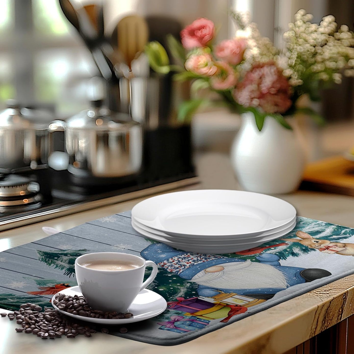 Winter Gnome Dish Drying Mat Christmas Tree Snowman Large Kitchen Mats Dish Drying Pad Bird Absorbent Dish Dryer Mat for Kitchen Countertops Microfiber Drainer Pad Dish Drying Mats (18x24 in)