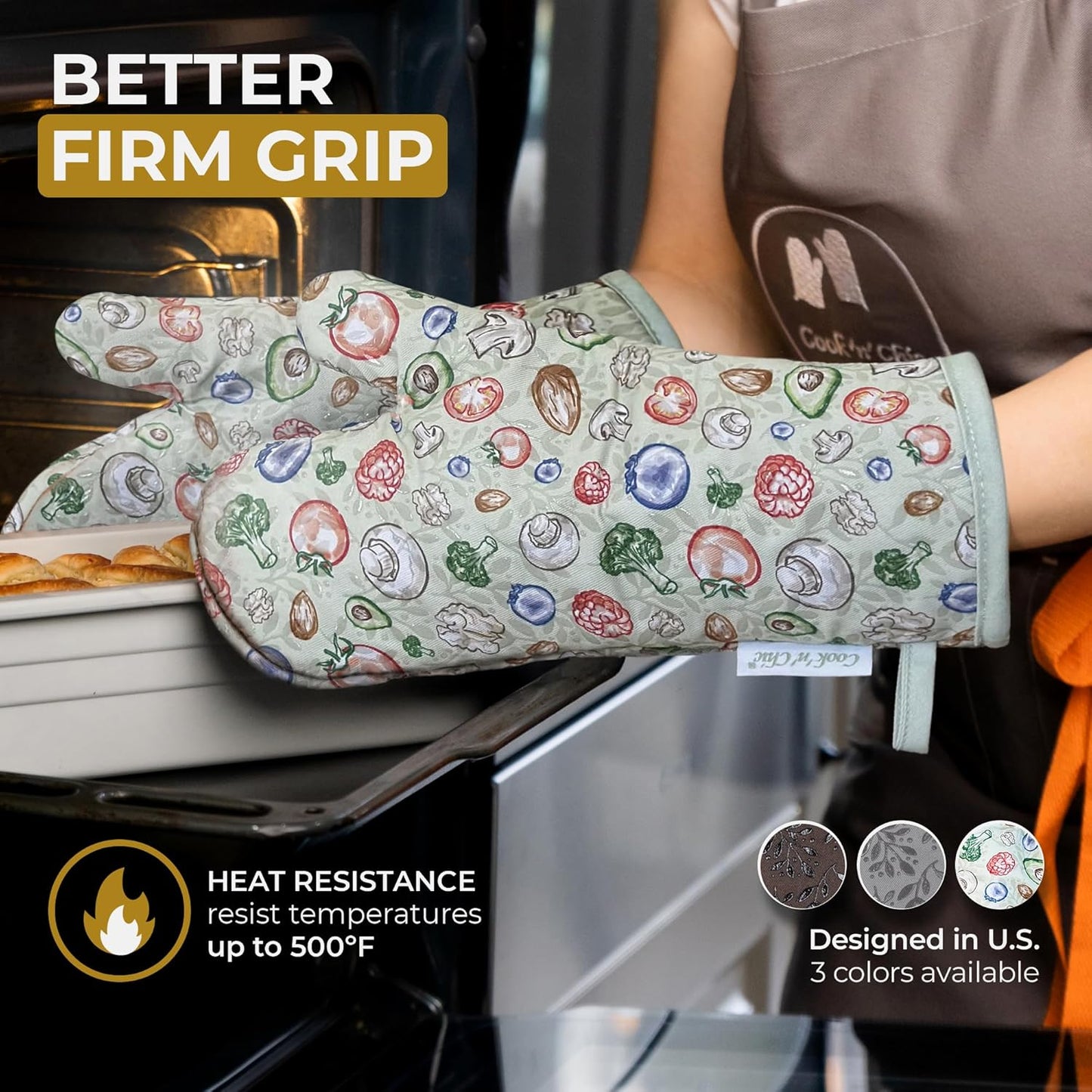Premium Green Oven Mitts - Stylish and Heat-Resistant - Non-Slip Platinum Silicone Grip - Long and Thick - 100% Natural Cotton Exterior and Soft Terry Cloth Lining - Set of 2 by Cook'n'Chic