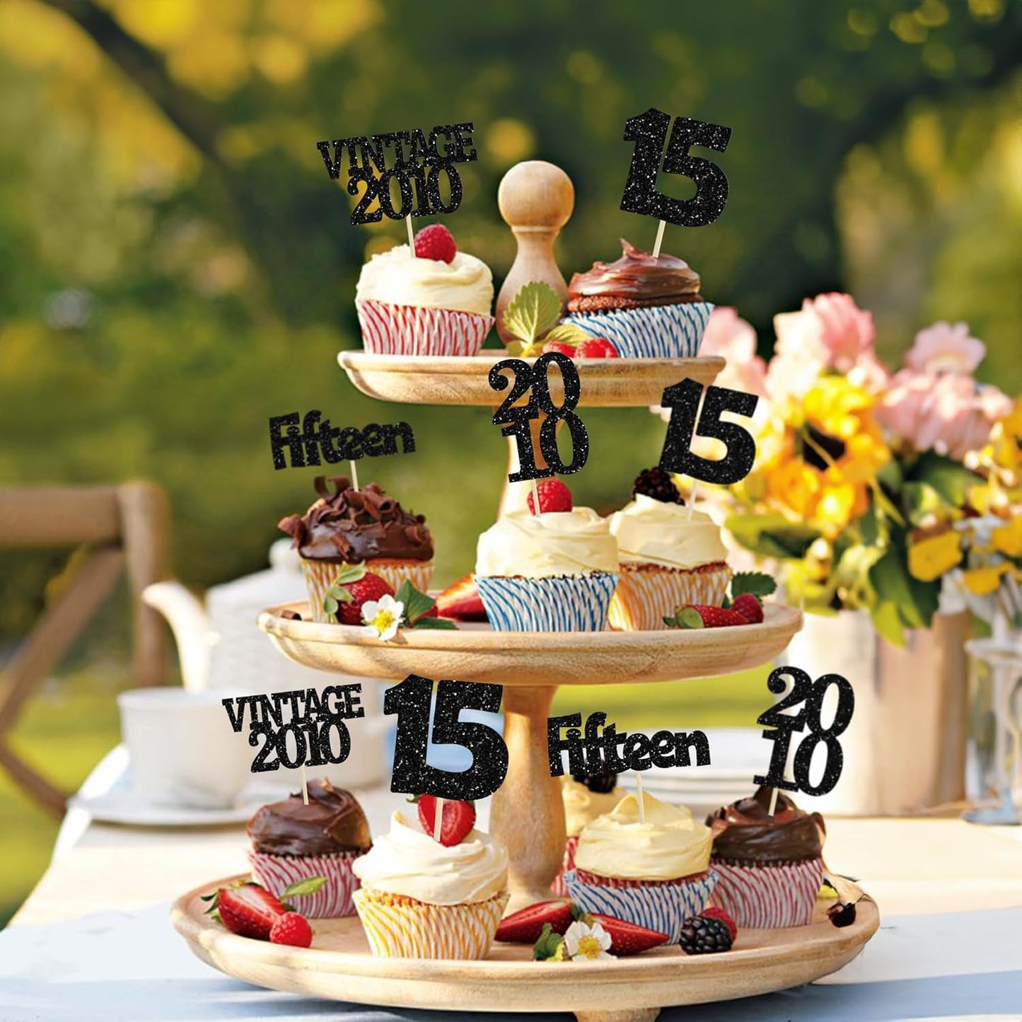 Gyufise 24Pcs 15th Birthday Cupcake Toppers Glitter Fifteen Vintage 2010 Sweet 15 Cupcake Picks Hello 15 Years Birthday Cake Decorations for Happy 15th Anniversary Party Supplies Black