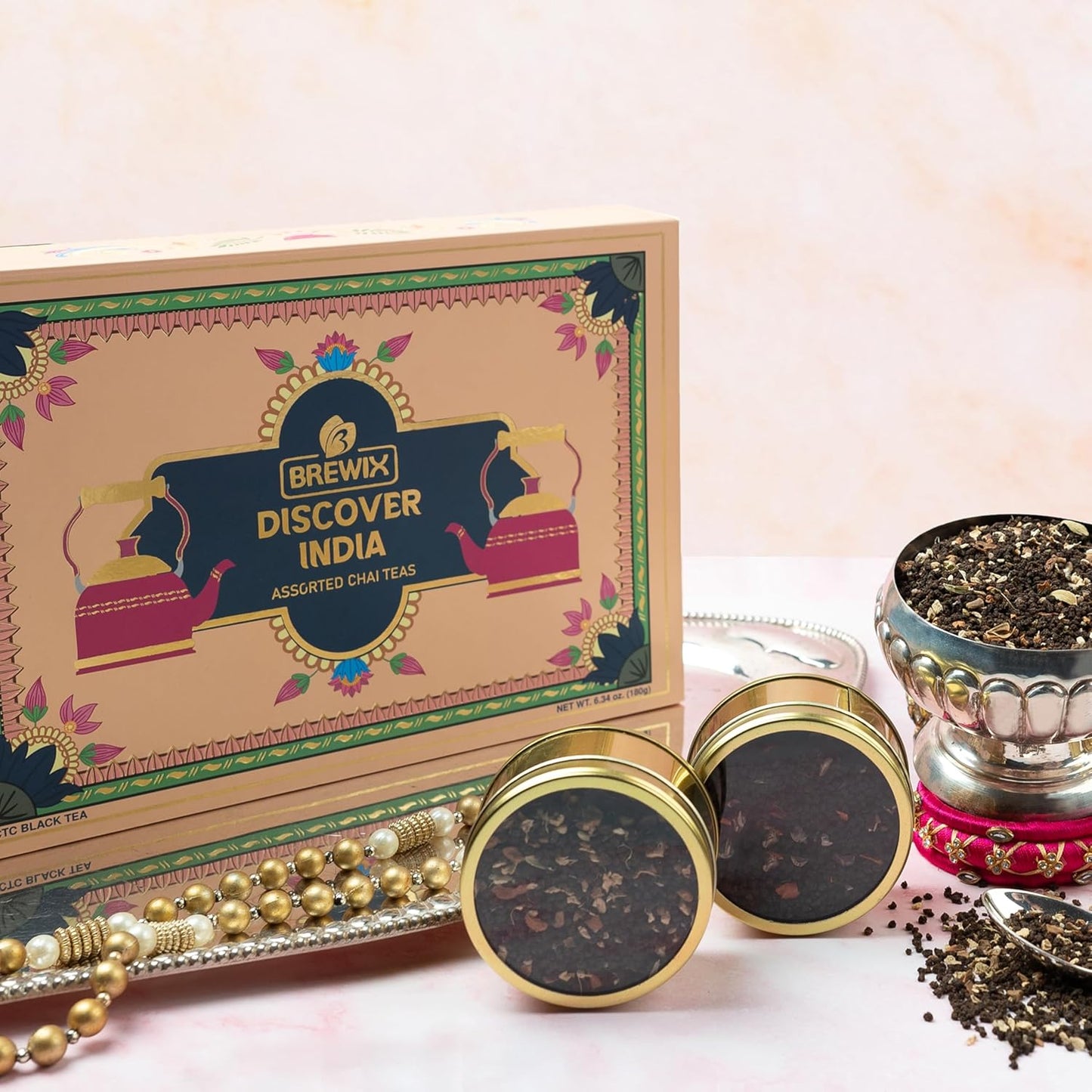 BREWIX, Discover India Premium Black Tea Christmas Gift Box (6.34oz/90+ Cups) | Tea Gift Sets For Tea Lover | 6 Unique Chai Teas | Best for Birthdays, Anniversaries & Holidays