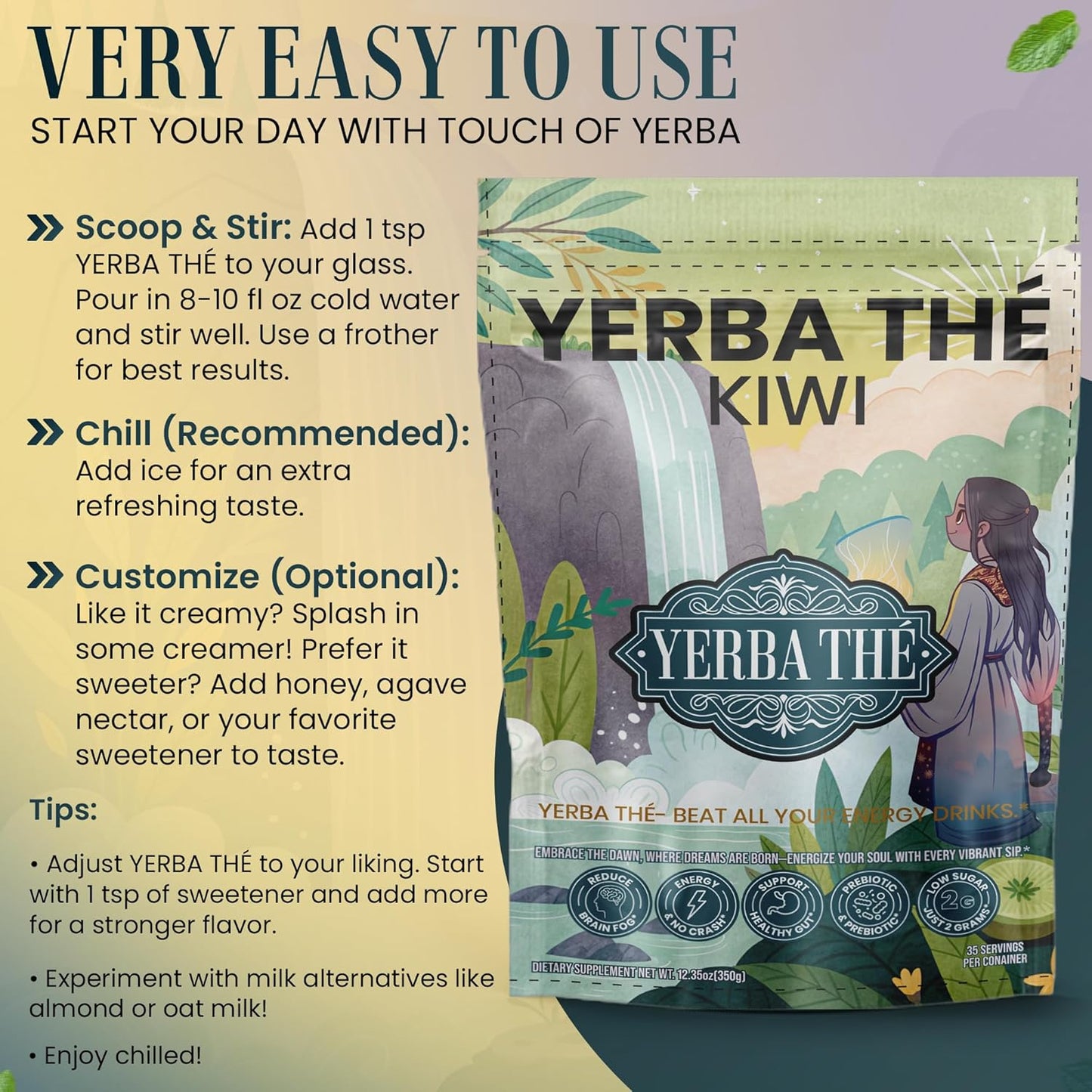 Ancient Diosa - Yerba Mate Tea Powder 350g, 35-Servings - Kiwi Flavor Clean Energy Drink Superfood - Support Gut Health with Probiotics and Prebiotics, Reduce Brain Fog, Relaxation and Focus Blend