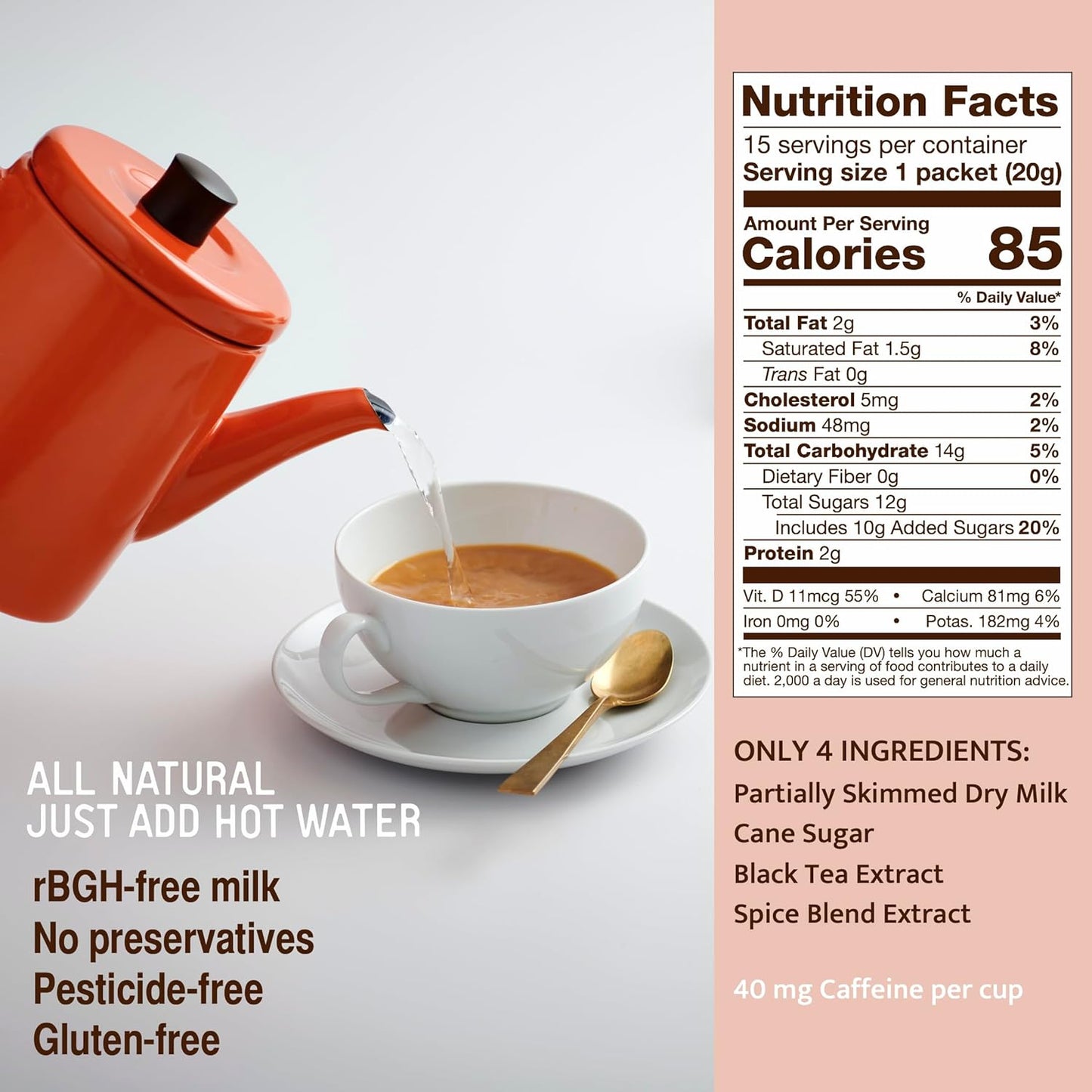 Jaipur Avenue Cardamom Chai Tea Mix Crafted with All-Natural Assam Black Tea, Cardamom, Cane Sugar, and Premium Dry Milk - Preservative-Free, Gluten-Free, Authentic Indian Chai Tea Latte (15 Servings)