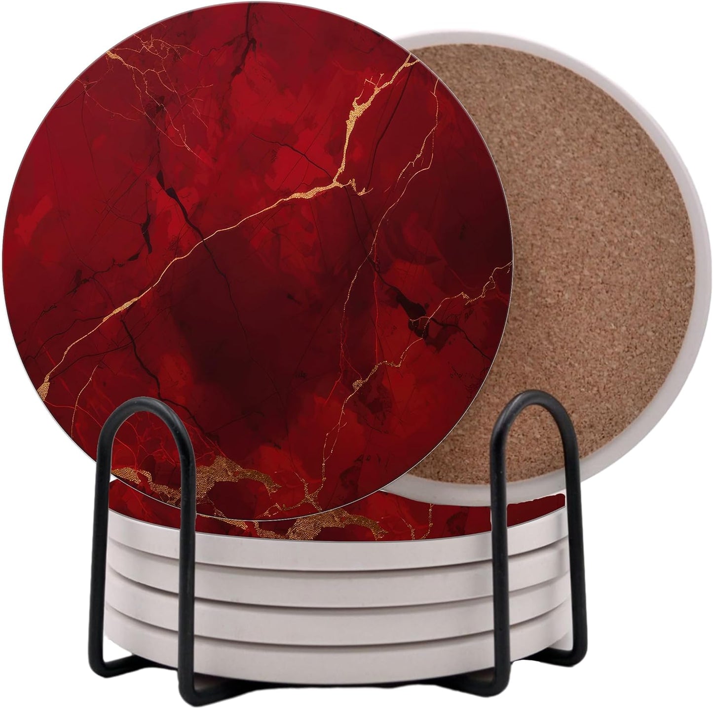 Dark Red Agate Marble Round Coasters Set of 6 - Abosrbent Ceramic Coasters with Metal Stand for Drinks, Coffee, Non-Slip Cork Back for Tabletop Protection, 4 Inches Marbled Pattern (Dark Marble)
