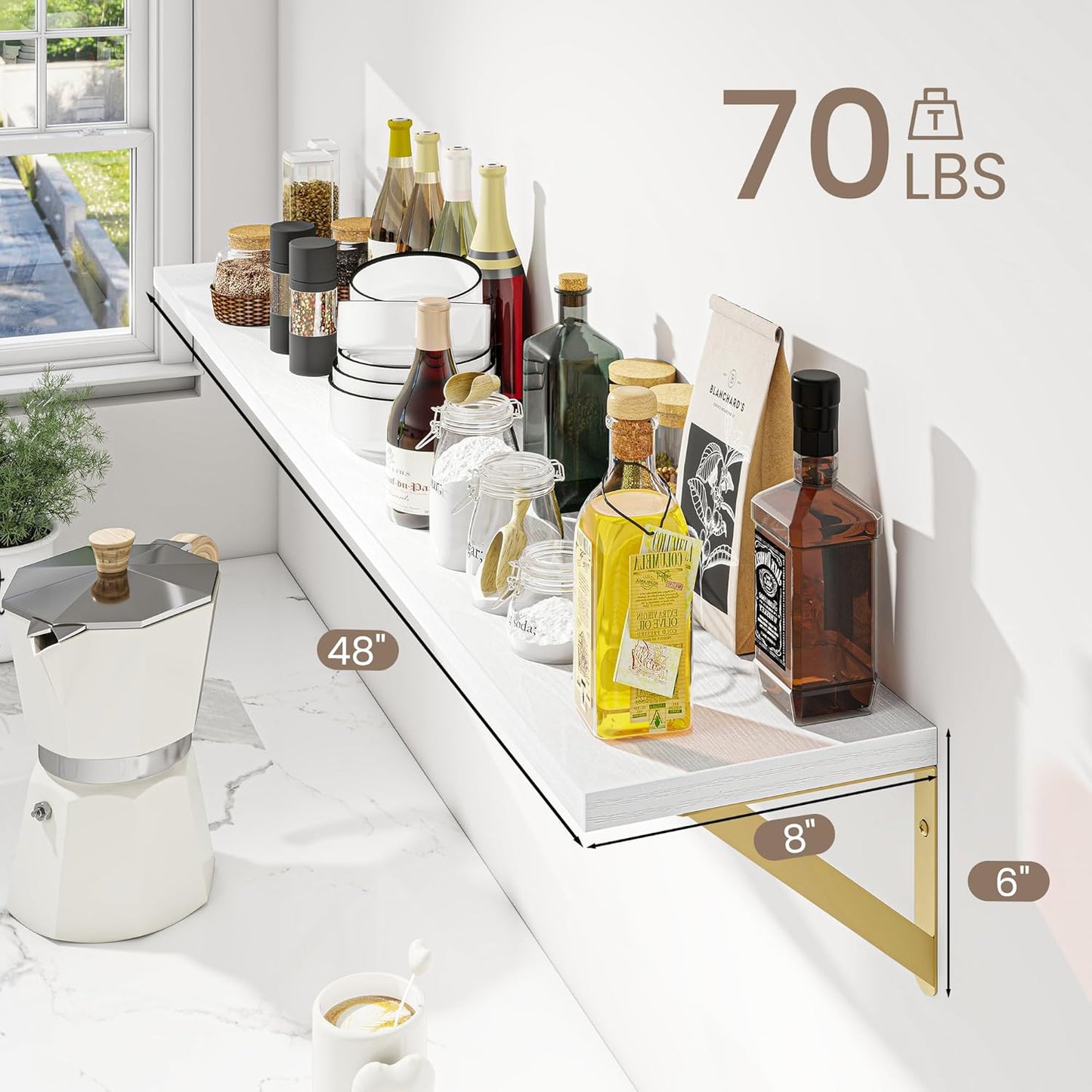 Dreamland White and Gold Shelf, 48W x 8D Wall Mounted Shelves Set of 2, Wide Display Ledge Shelf with Sturdy Metal Brackets for Living Room, Bathroom, Bedroom and Kitchen, White with Gold Brackets