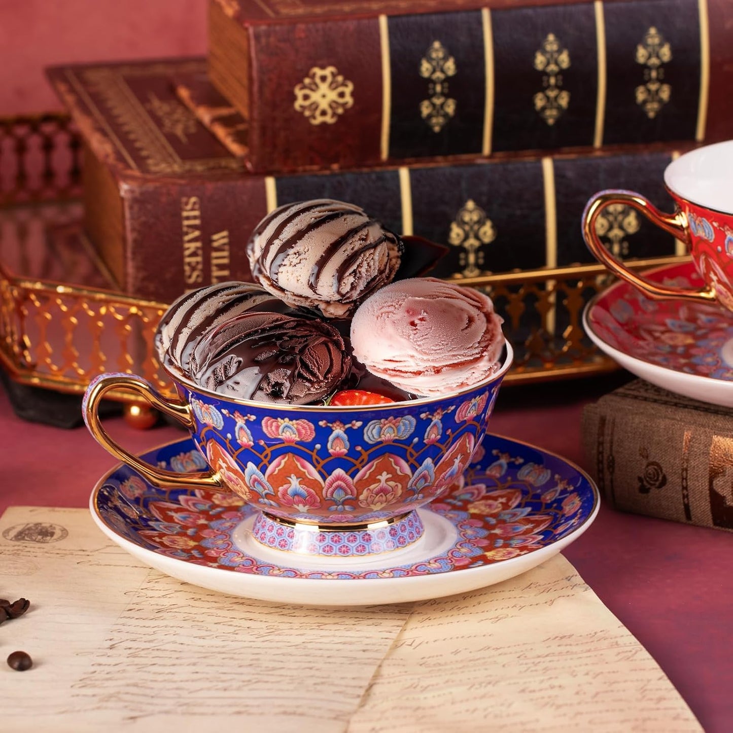 KAMMAK Tea Cups and Saucers Set of 2, Porcelain Coffee Cups with Saucer for Espresso, Cappuccino, 8oz Vintage Red and Blue Ceramic Demitasse Mug for Home, Tea Party, Office
