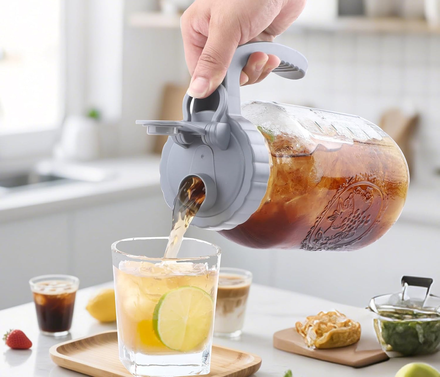 64 Oz Glass Mason Jar Water Pitcher With Lid Half Gallon Wide Mouth Sun Tea Pitchers 2 Quart Cold Brew Hot Water Jug Carafe For Coffee,Lemonade, Beverage,Milk,Juice Container For Refrigerator