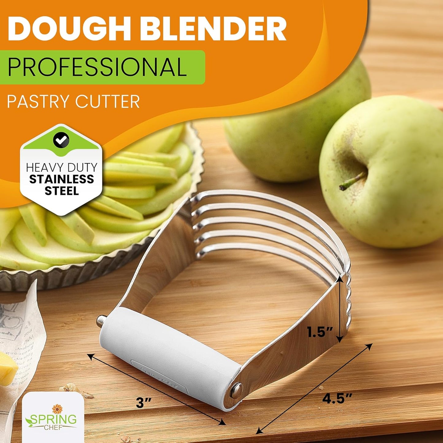 Spring Chef Medium Size White Dough Blender For Baking, Multifunctional Dough Cutter Tool, Stainless Steel Pastry Cutter Tool with Sharp & Sturdy Blades, Dishwasher Safe Pastry Blender for Easy Mixing