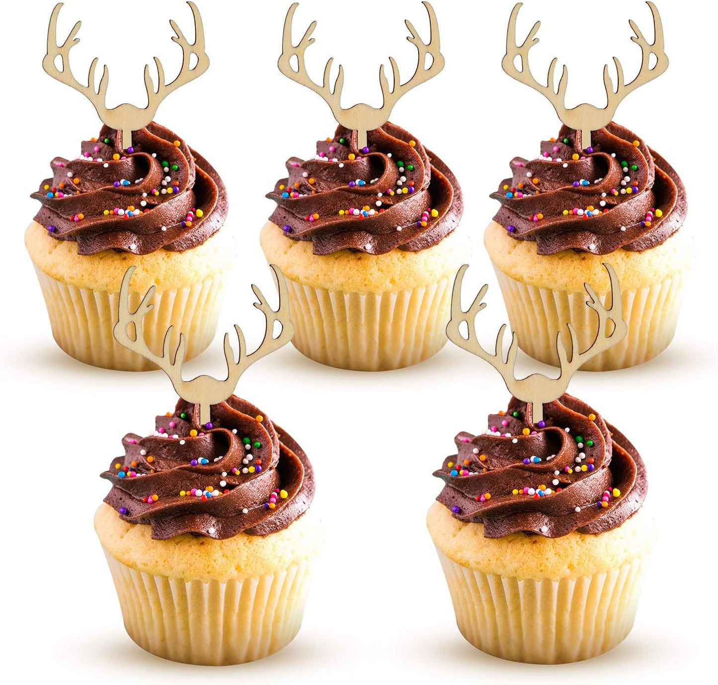 Deer Cupcake Toppers Wooden Baby Shower Woodland Antler Cake Picks Party Decorations Wedding Hunting Boho Rustic Country Birthday Party Supplies Set of 24