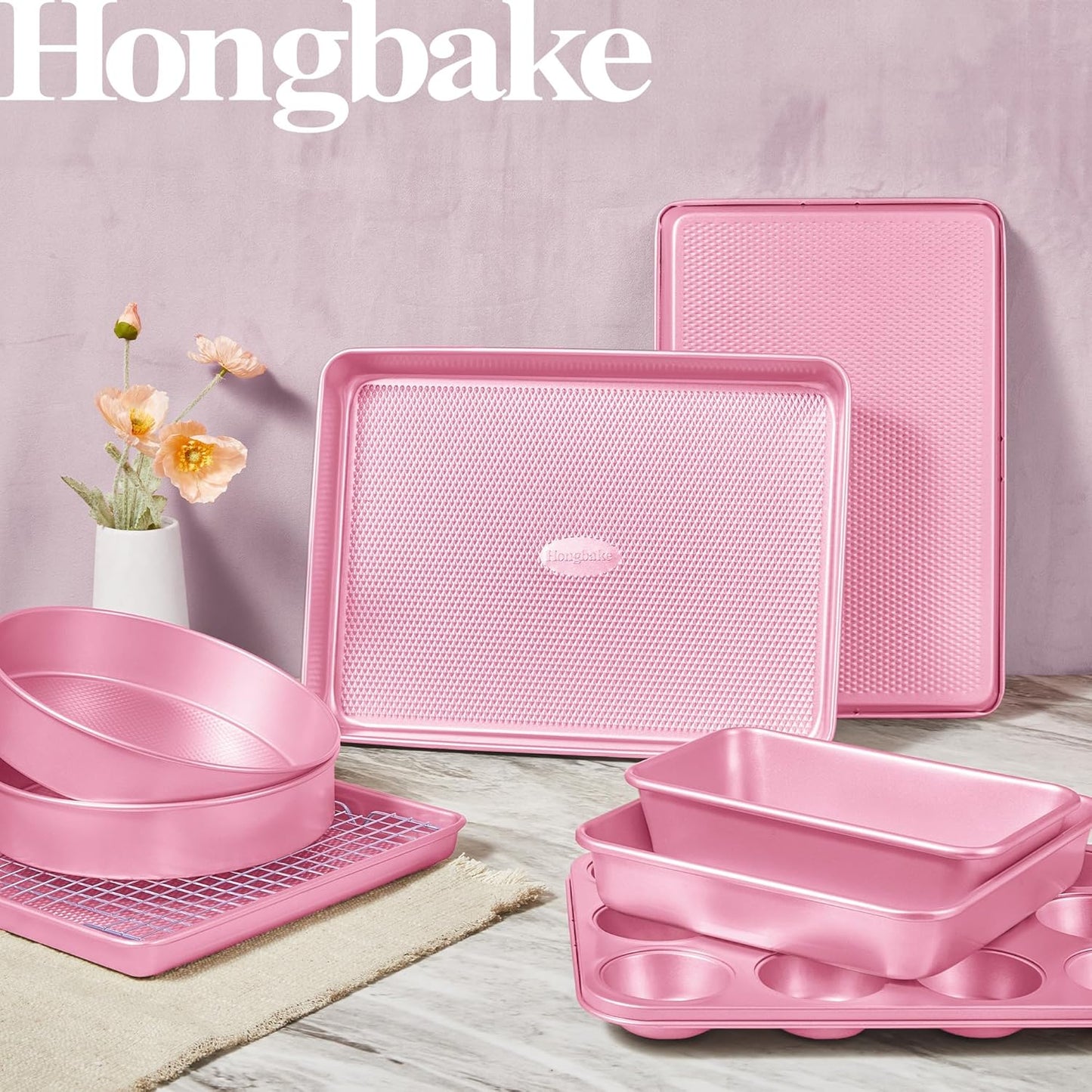 HONGBAKE 9-Piece Baking Pans Set Nonstick, Stackable Non Toxic Bakeware Sets with Diamond Texture, Oven Pan Set for Cooking, Includes Cookie Sheet with Rack, Cake Pan, Roasting Pan, Muffin Tin, Pink