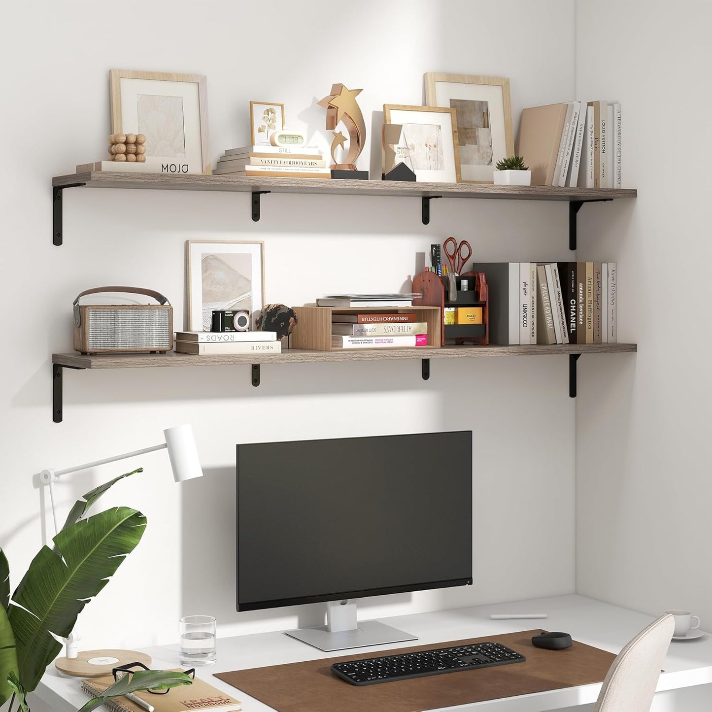 Fun Memories Deep Floating Shelves, 55W x 8D Floating Shelves Set of 2, Wall Mounted Shelf with Metal Brackets, Rustic Wood Wall Shelf for Bathroom, Kitchen and Living Room, Grey