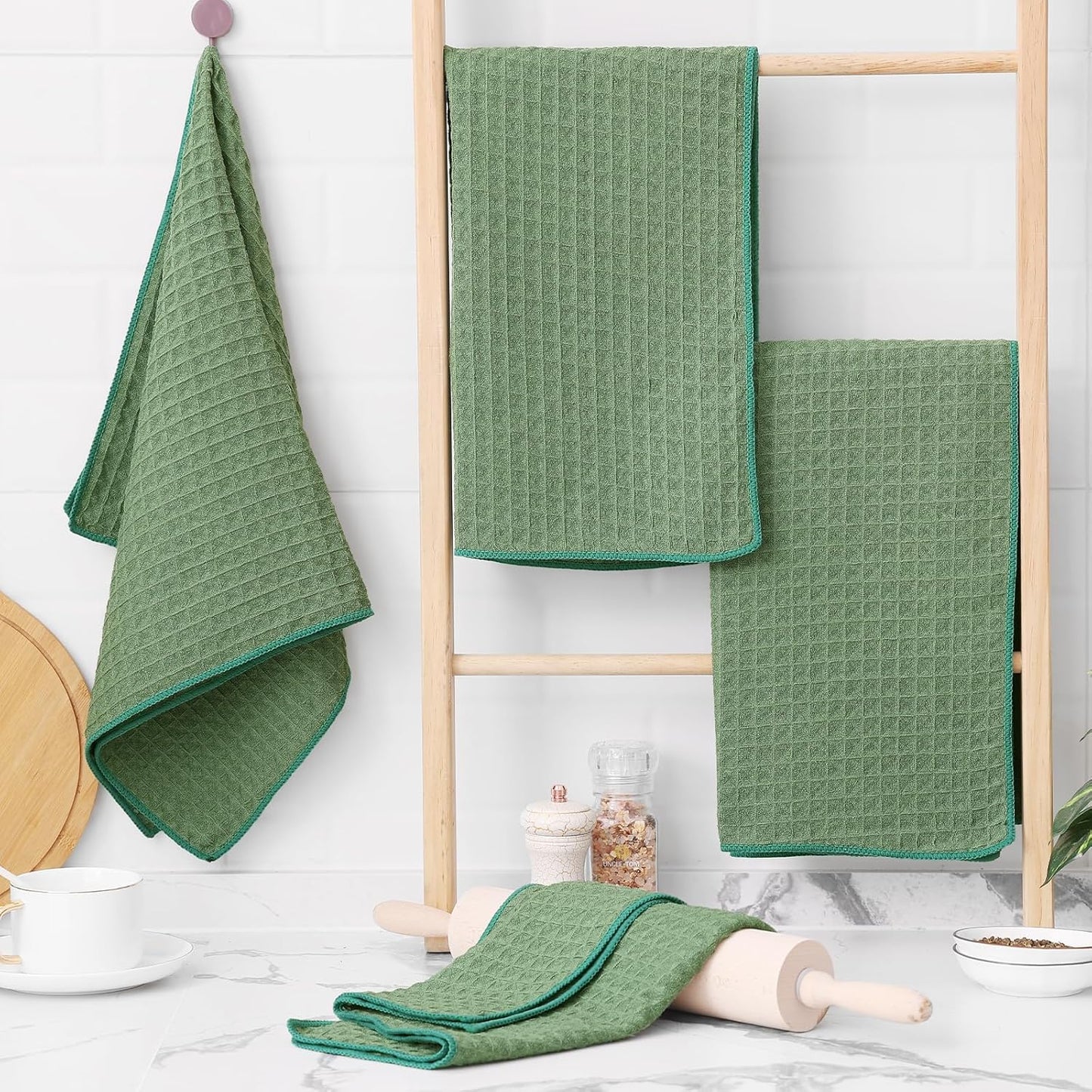 Homaxy Microfiber Waffle Weave Kitchen Towels, 16 x 28 Inch Ultra Absorbent and Solid Color Dish Towels, 8 Pack, Grass Green