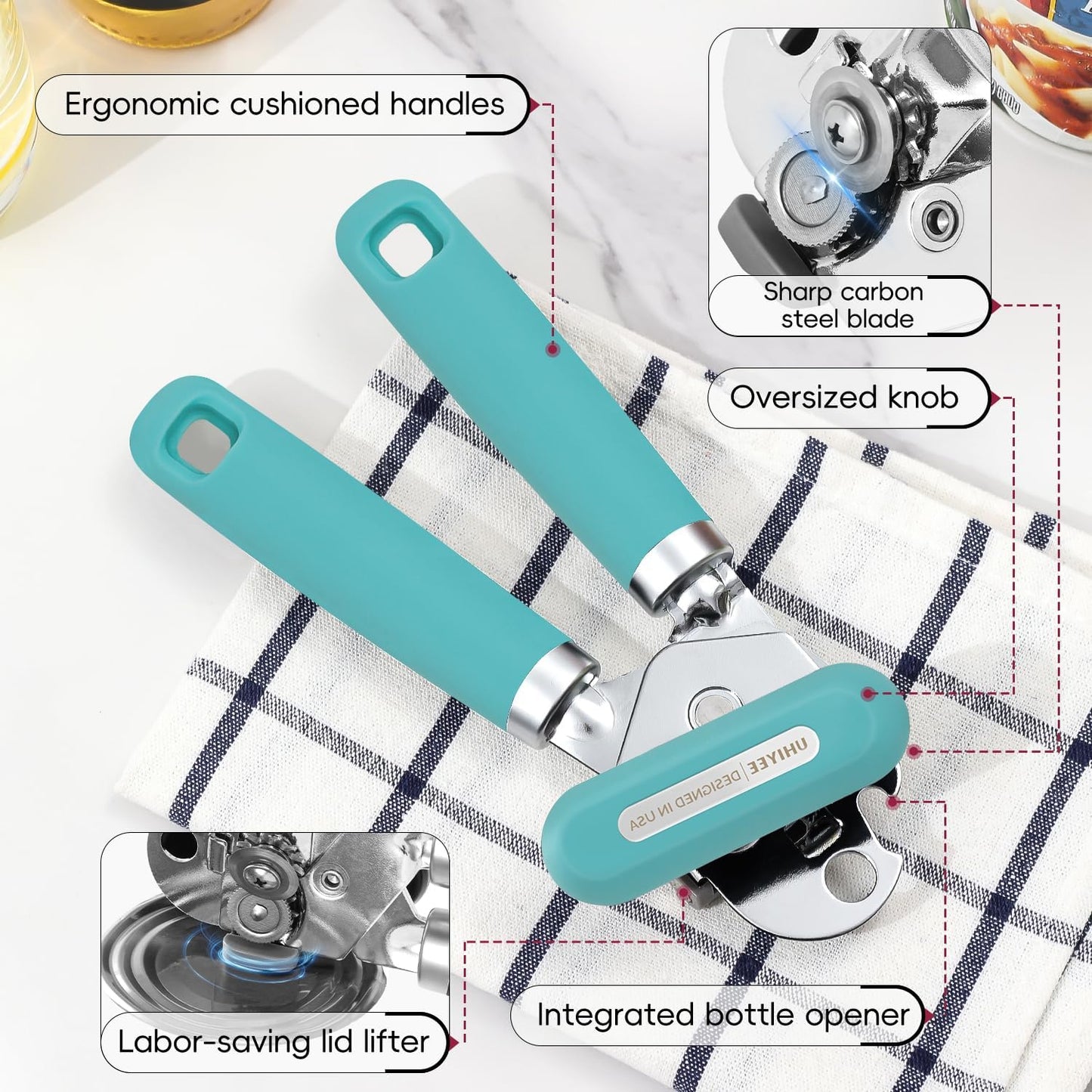 Can Opener Manual, UHIYEE Hand Held Manual Can Openers Heavy Duty with Smoother Cut Sharp Blade, Manual Hand Can Open with Soft Handle, Easy to Turn Knob, Magnetic Lid Lifter, Turquoise