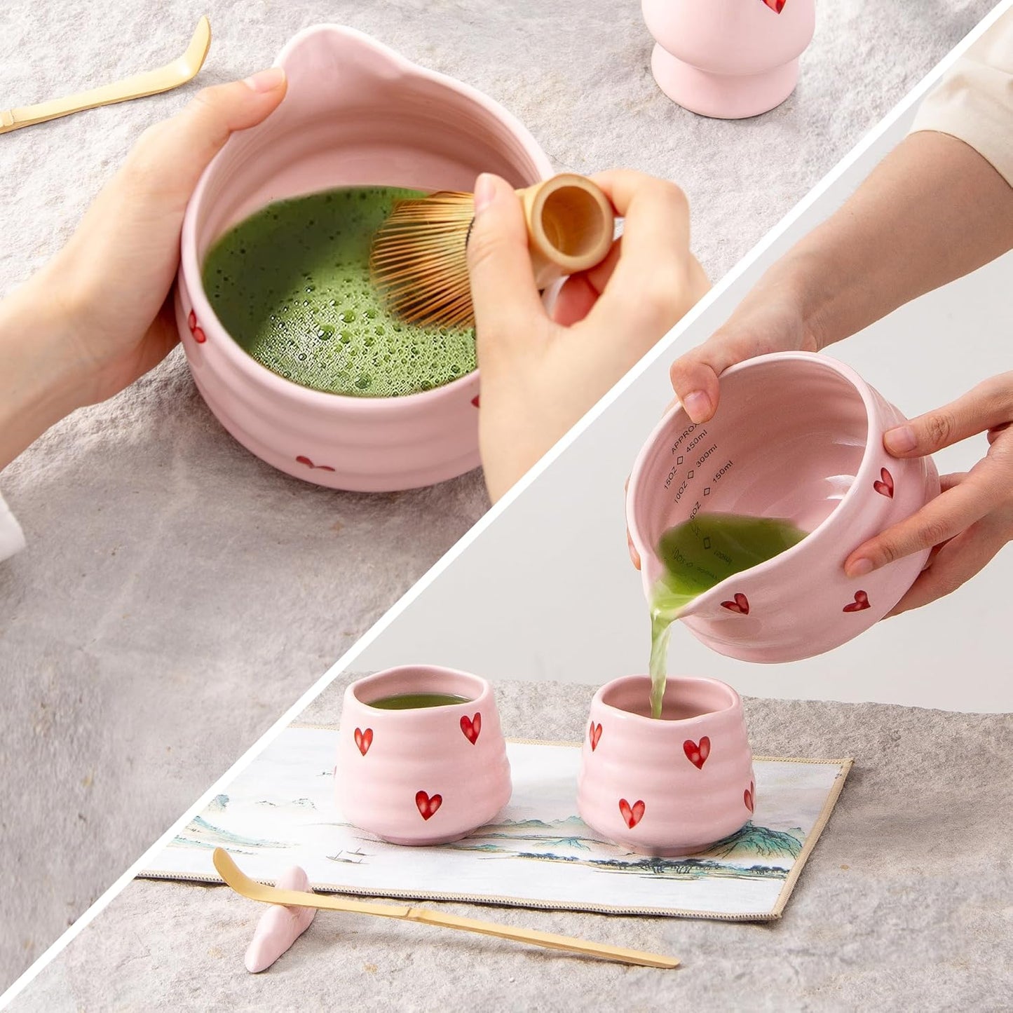 2pcs Matcha Bowl with Whisk Holder, Ceramic Pink Matcha Bowl with Spout, 16.5OZ Porcelain Bowl with Measurement Marks, Tea Mixing Bowl with Whisk Stand, Cute Matcha Gift Set (pink love)