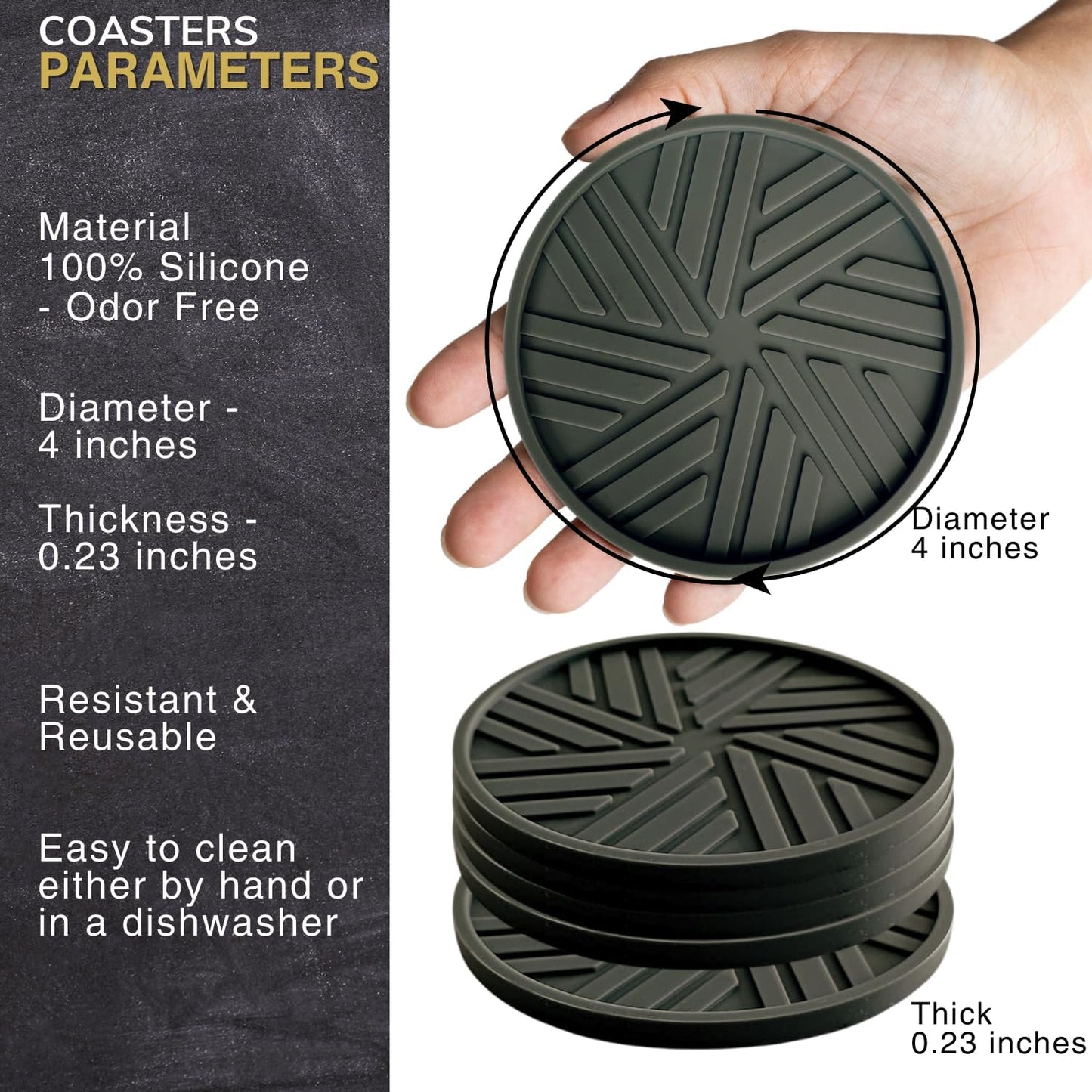 Silicone Coasters with Black Metal Holder, Set of 6, 4-Inch Diameter, Cup Mat for Drink, Stylish Home Decor, Deep Grey