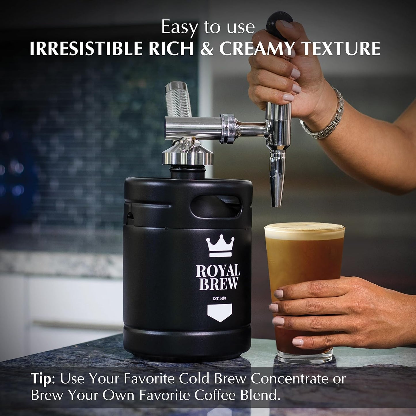 The Original Royal Brew Nitro Cold Brew Coffee Maker - Gift for Coffee Lovers - 64 oz Home Keg, Nitrogen Gas System Coffee Dispenser Kit