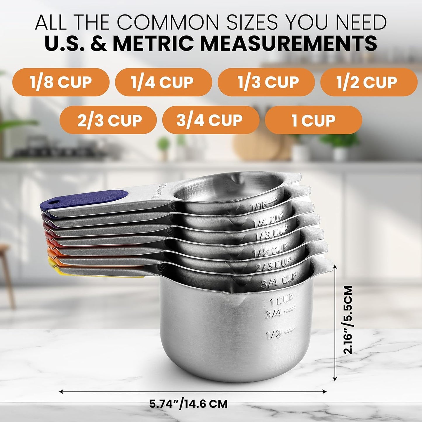 Spring Chef Magnetic Stainless Steel Measuring Cups (Patent Pending), Kitchen Tools with Easy to Read Markings for Measuring Dry or Liquid Ingredients, Set of 7, Mountain Sunrise