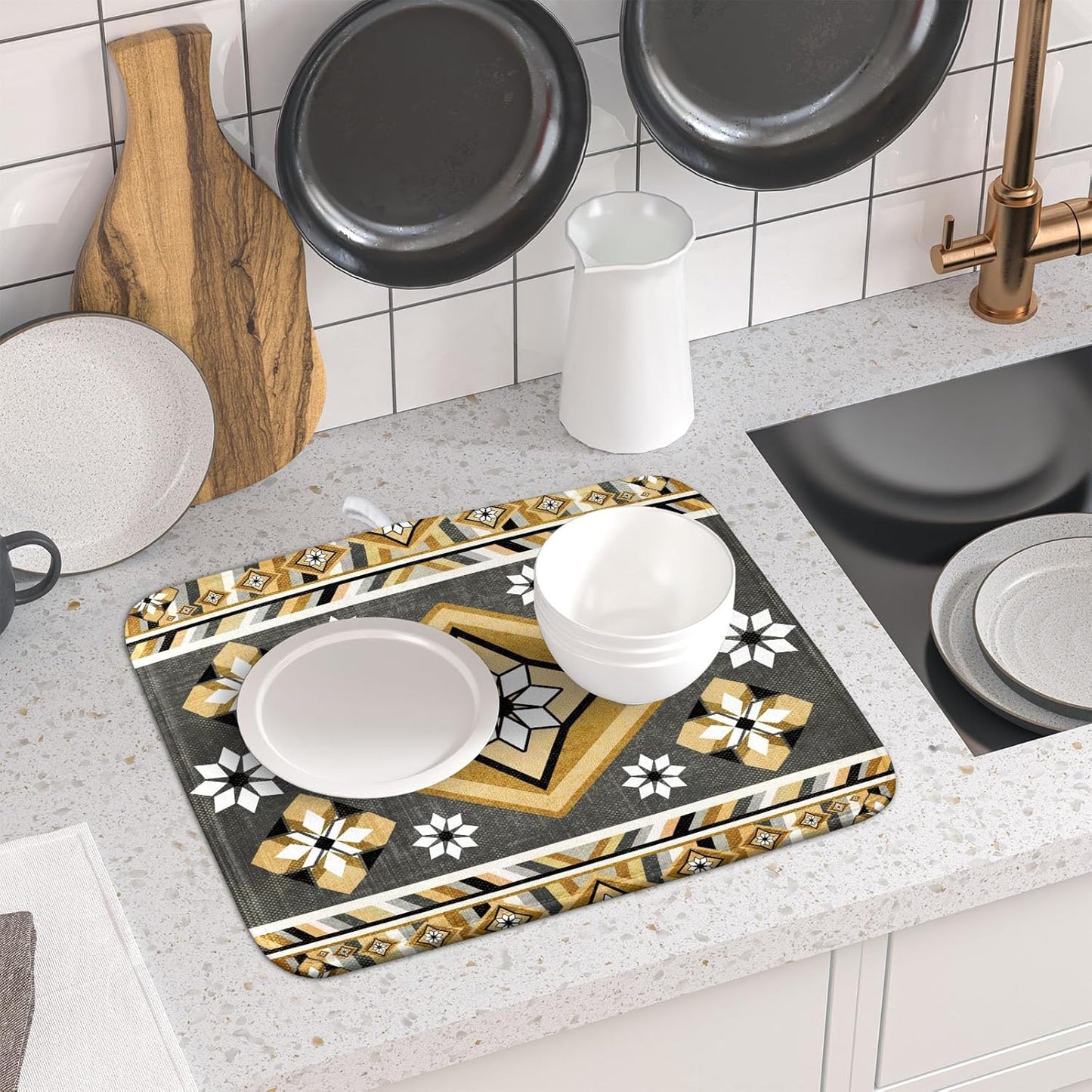 Boho Yellow Gray Aztec Dish Drying Mat for Kitchen Counter,Native American Tribal Aztec Ethnic Boho Style Drying Mat 16 x 18 Inch Microfiber Dish Drying Pad Dish Rack Pad Drainer Mat for Coffee Bar