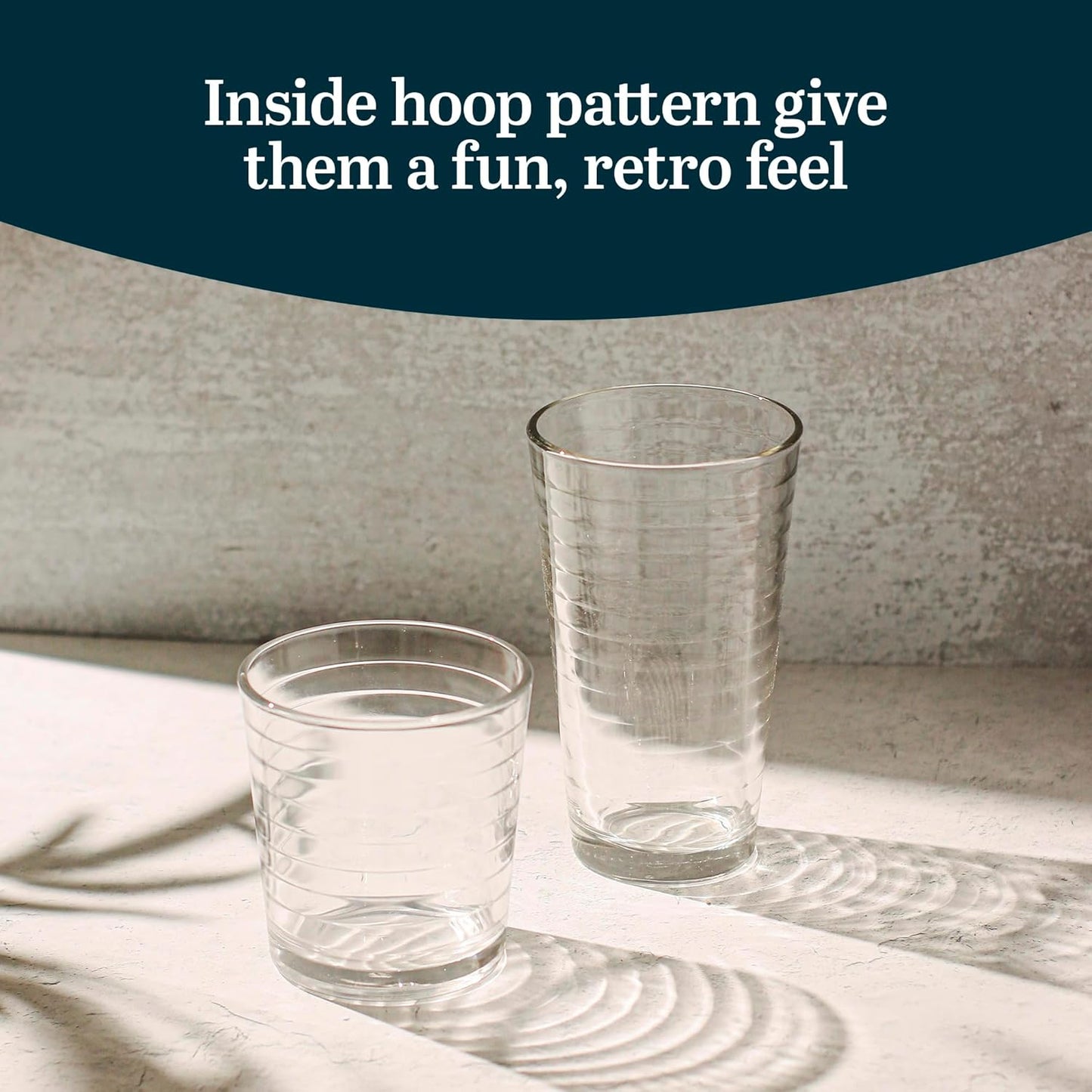 Libbey Hoops Tumbler and Rock Glass Set, Two Sized Nostalgic Retro Glass Cups Set, Dishwasher Safe Glasses Drinking Set of 16 for Any Occasion