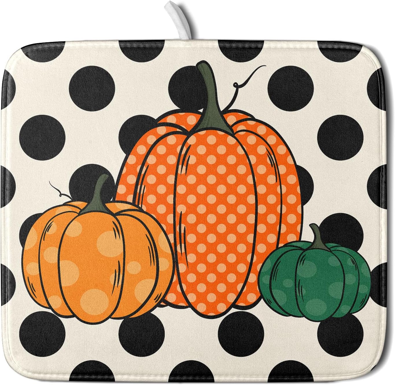 Autumn Pumpkin Dish Drying Mat for Kitchen Counter,Black Round Dot Decoration Drying Mat 16 x 18 Inch with Absorbent Reversible Microfiber Dish Drying Pad Dish Rack Drainer Mat for Coffee Bar
