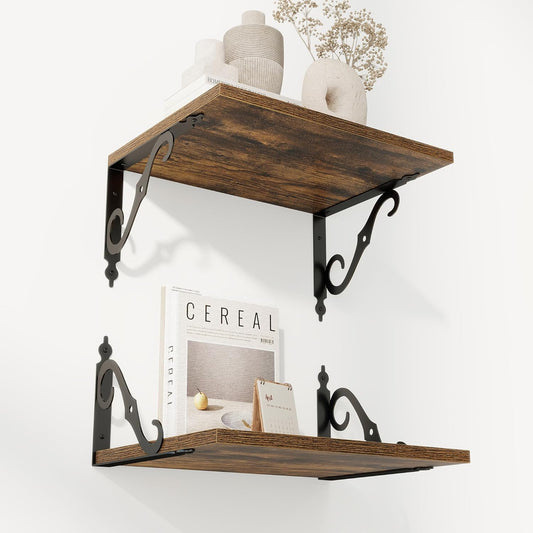 RICHFOCUS 12 Inch Deep Floating Shelves for Wall, 16" W x 12" D Wood Wall Shelves Set of 2, Wide Floating Shelves for Living Room, Bedroom, Kitchen, Bathroom and Decor Storage, Rustic Brown