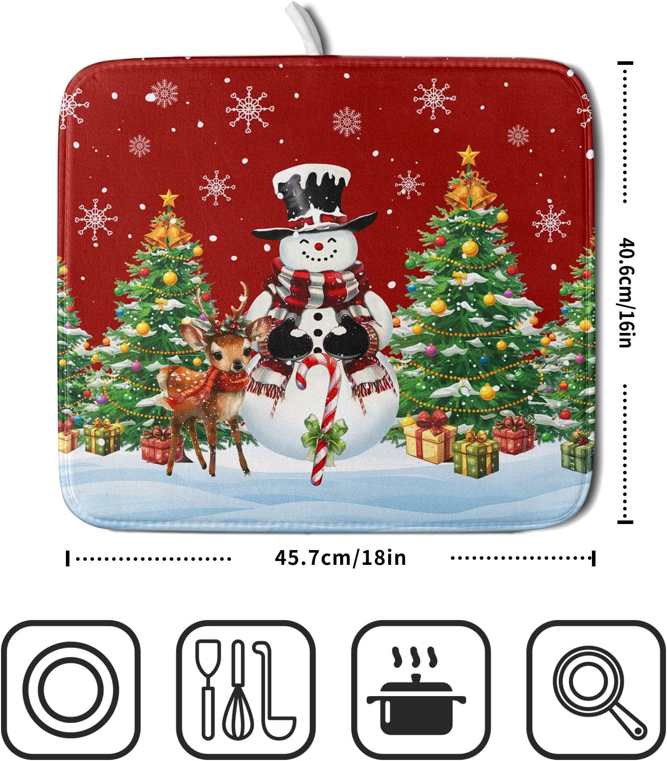 Christmas Snowman Dish Drying Mat for Kitchen Counter,Christmas Tree Winter Snowflake Red Drying Mat 16 x 18 Inch with High Absorbent Reversible Microfiber Dish Drying Pad Drainer Mat for Coffee Bar