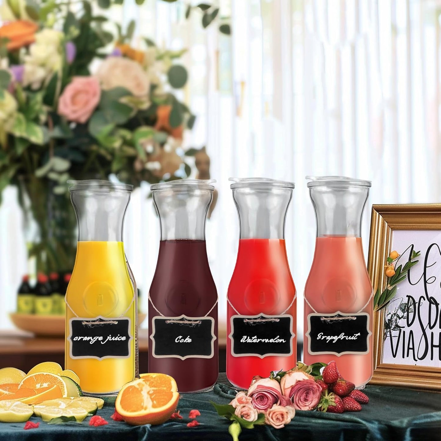 Glass Carafe with Acrylic Lid,35 Oz Beverage Dispensers Carafe,Mimosa Bar Supplies,Clear Glass Pitcher with Name Labels for Iced Tea,Coffee,Juice(Set of 2)