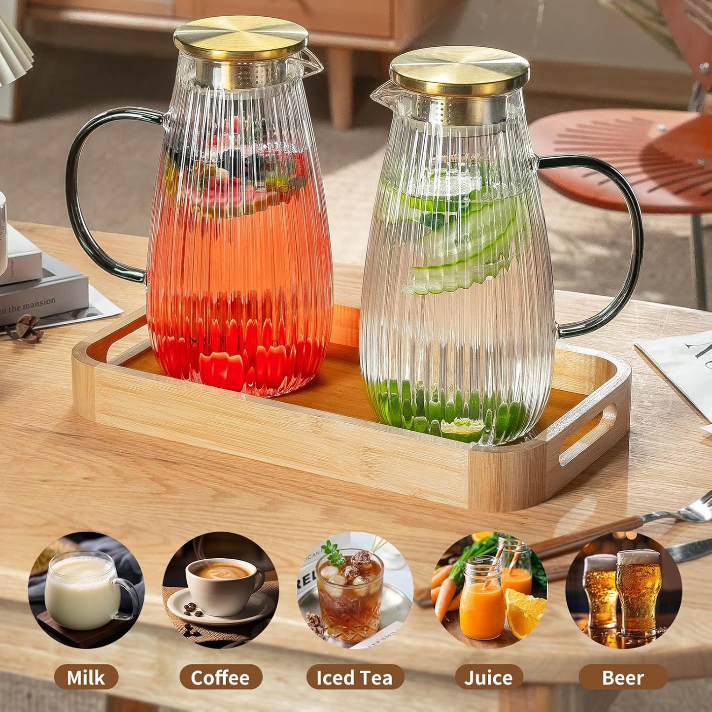 2 PACK Glass Pitcher with Lid and Spout,68 oz/2 Liter Vertical Stripes Water Pitcher for Fridge, Clear Borosilicate Glass Water Carafe for Cold Brew, Coffee, Lemonade, Sun Tea,Heat Resistant