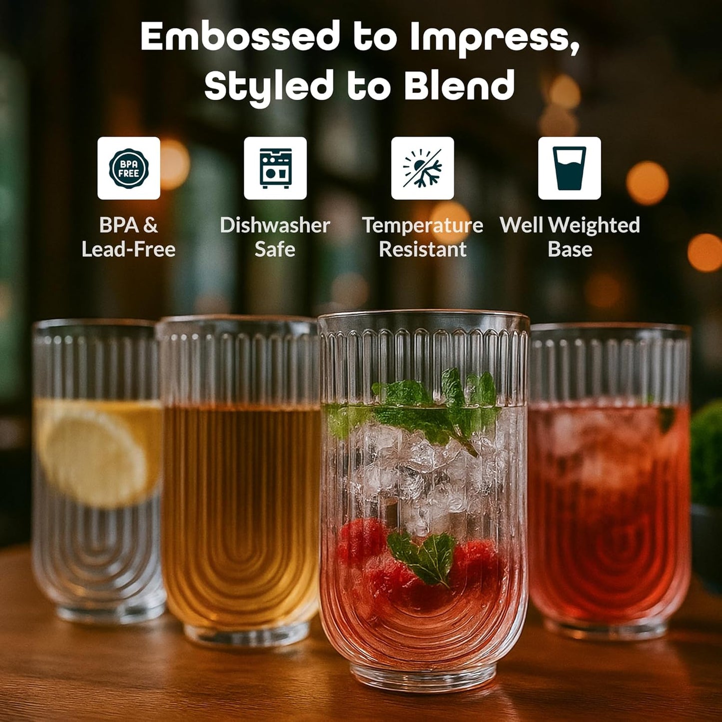 Glaver's Drinking Glasses Set of 4. 17oz Vintage Ripple Cocktail Glasses, Ribbed Highball Glass Cups. Arch Designed Art Deco Glassware for Water Juice Coffee.