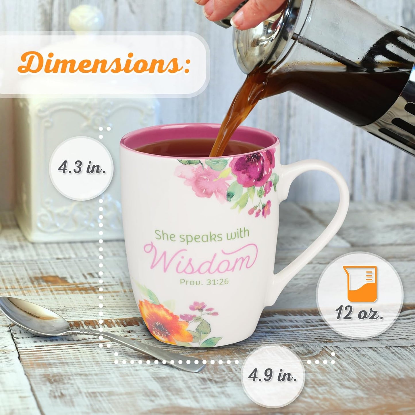 Christian Art Gifts Inspirational Ceramic Coffee & Tea Scripture Mug for Women: She Speaks with Wisdom Bible Verse, Microwave & Dishwasher Safe Drinkware, Multicolor Floral, White & Dark Pink, 12 oz.