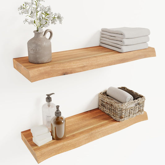 24" Acacia Live Edge Floating Shelves Set of 2 - Wall Mounted Wooden Shelf for Stylish Home Décor - Teak Look Color 24x7.5x1.5 Inches