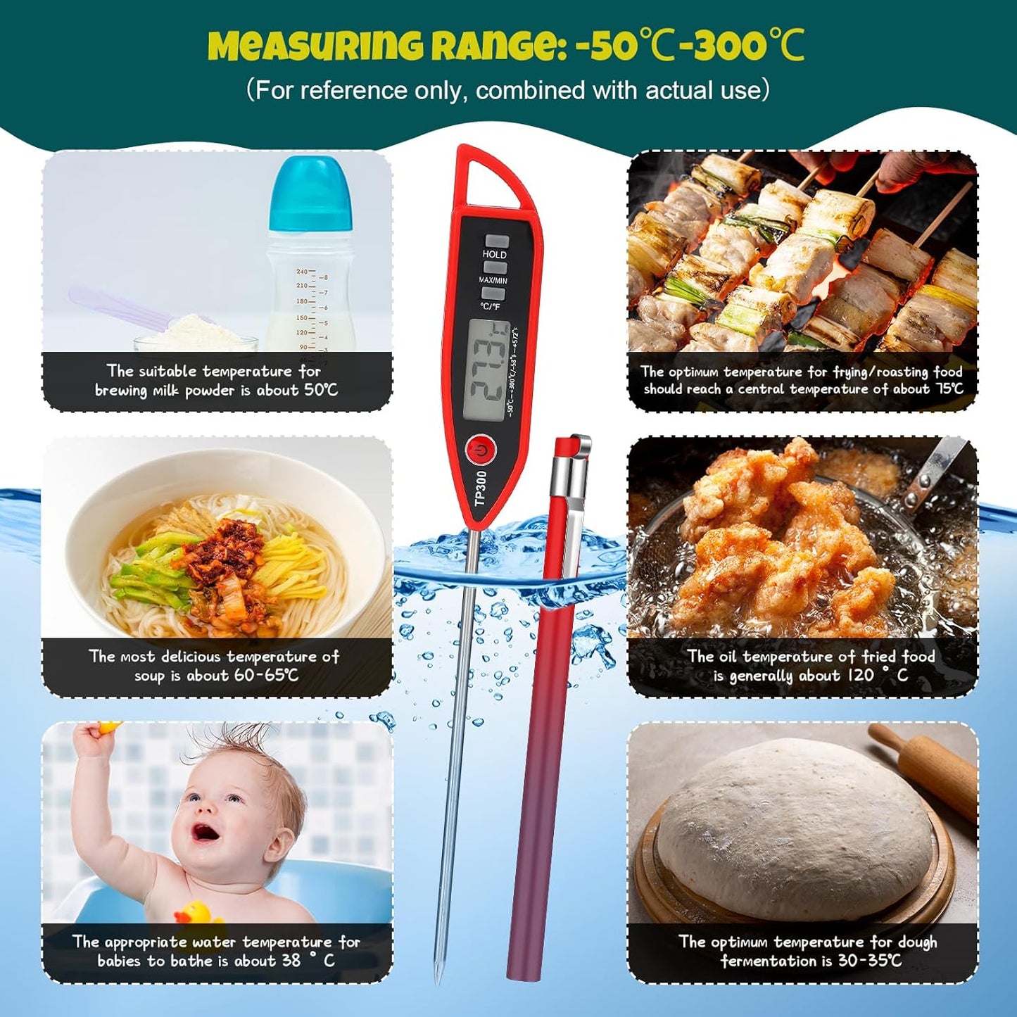 6 Set Waterproof Food Thermometer for Water, Liquid, Candle and Cooking Digital Meat Thermometer with Long Probe Instant Read for Kitchen BBQ Grill Candy (Red)
